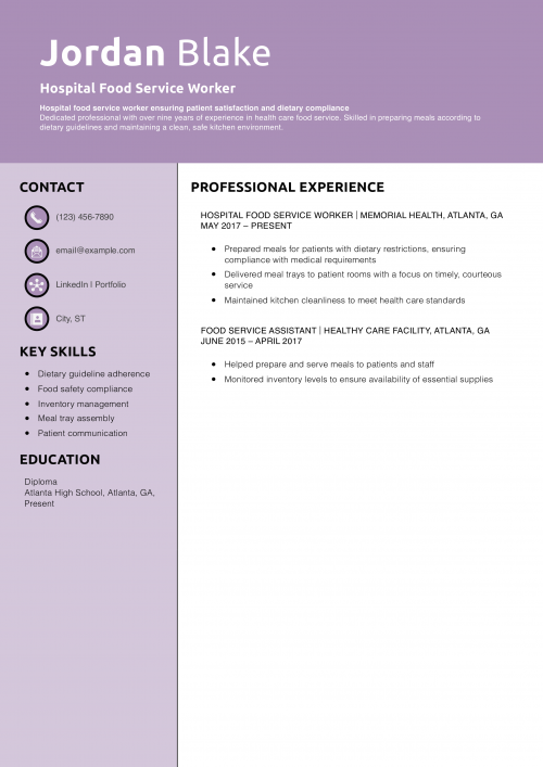 Hospital Food Service Worker Resume