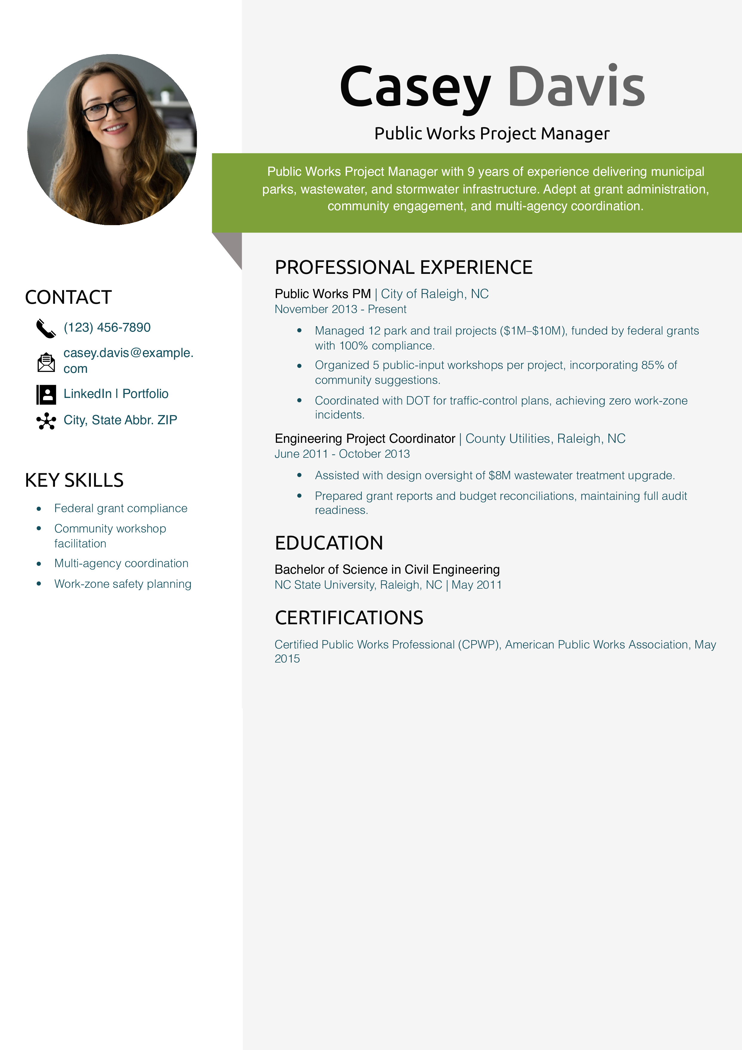 Public Works Project Manager Resume Example 