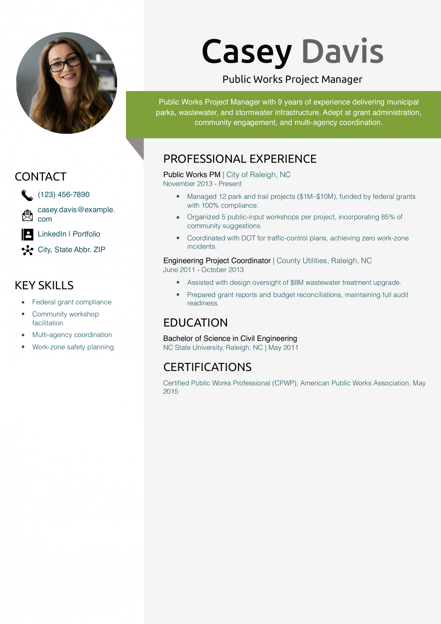 Public Works Project Manager Resume Example 