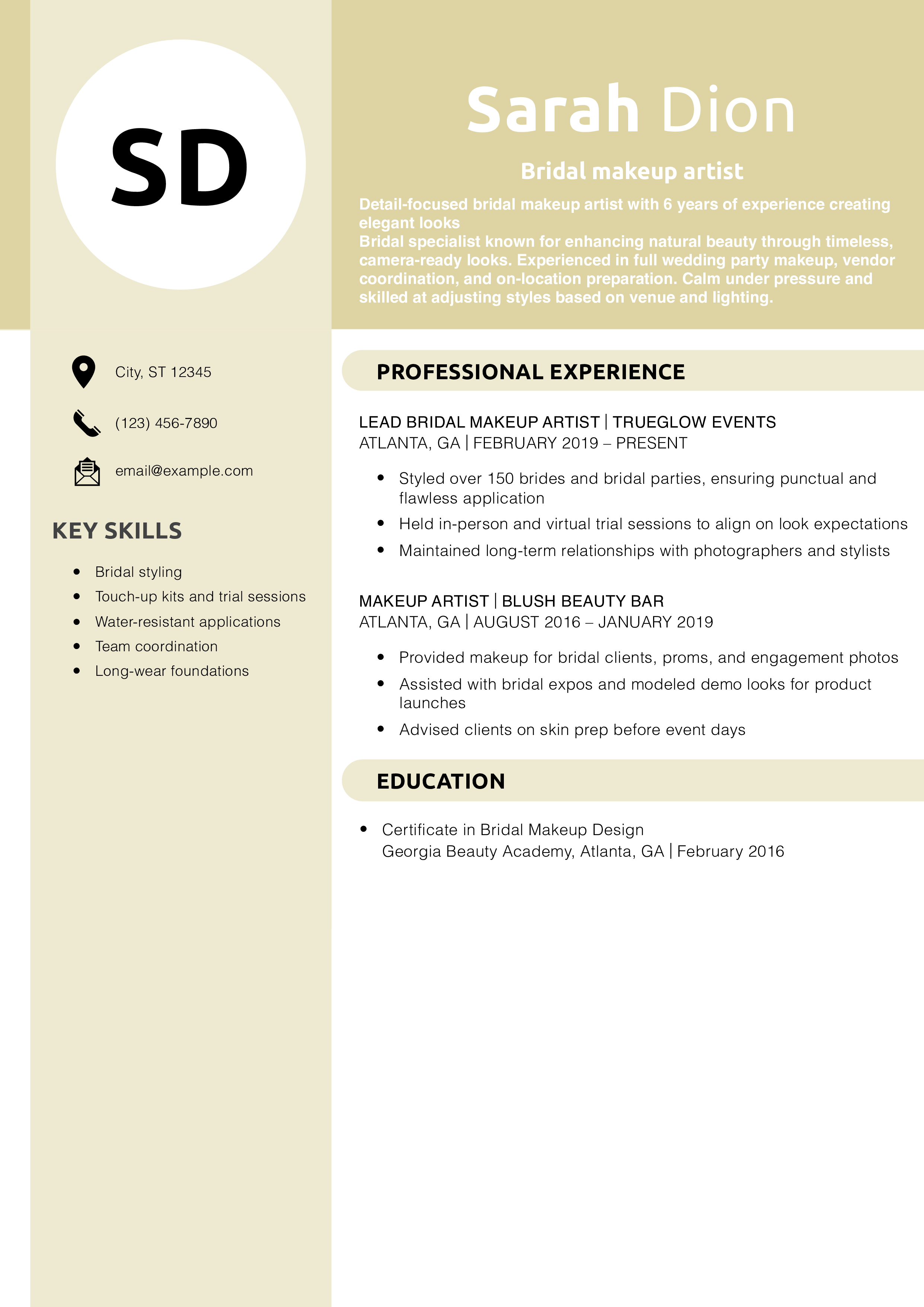 Bridal makeup artist resume example