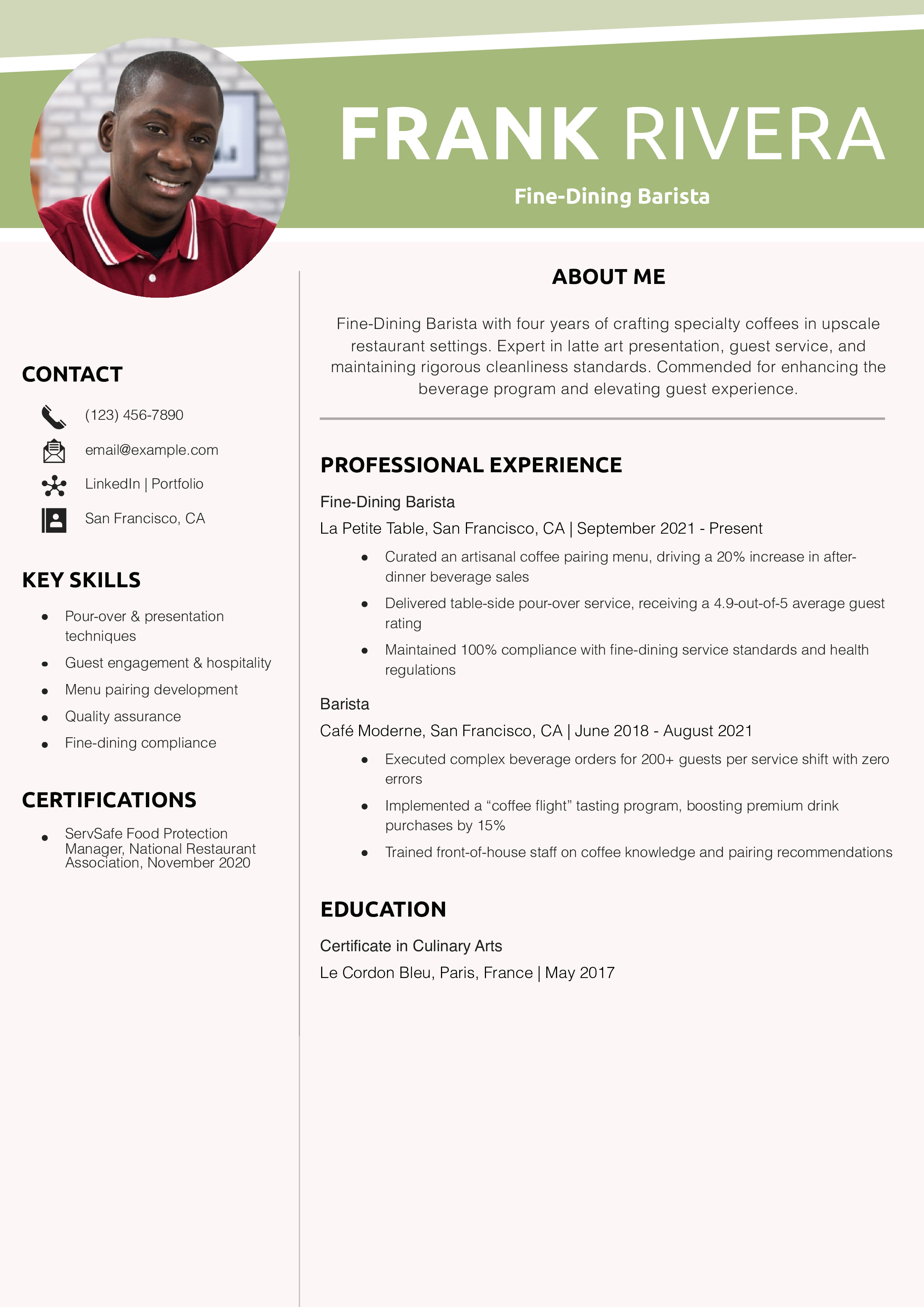Fine-Dining Barista Resume Example