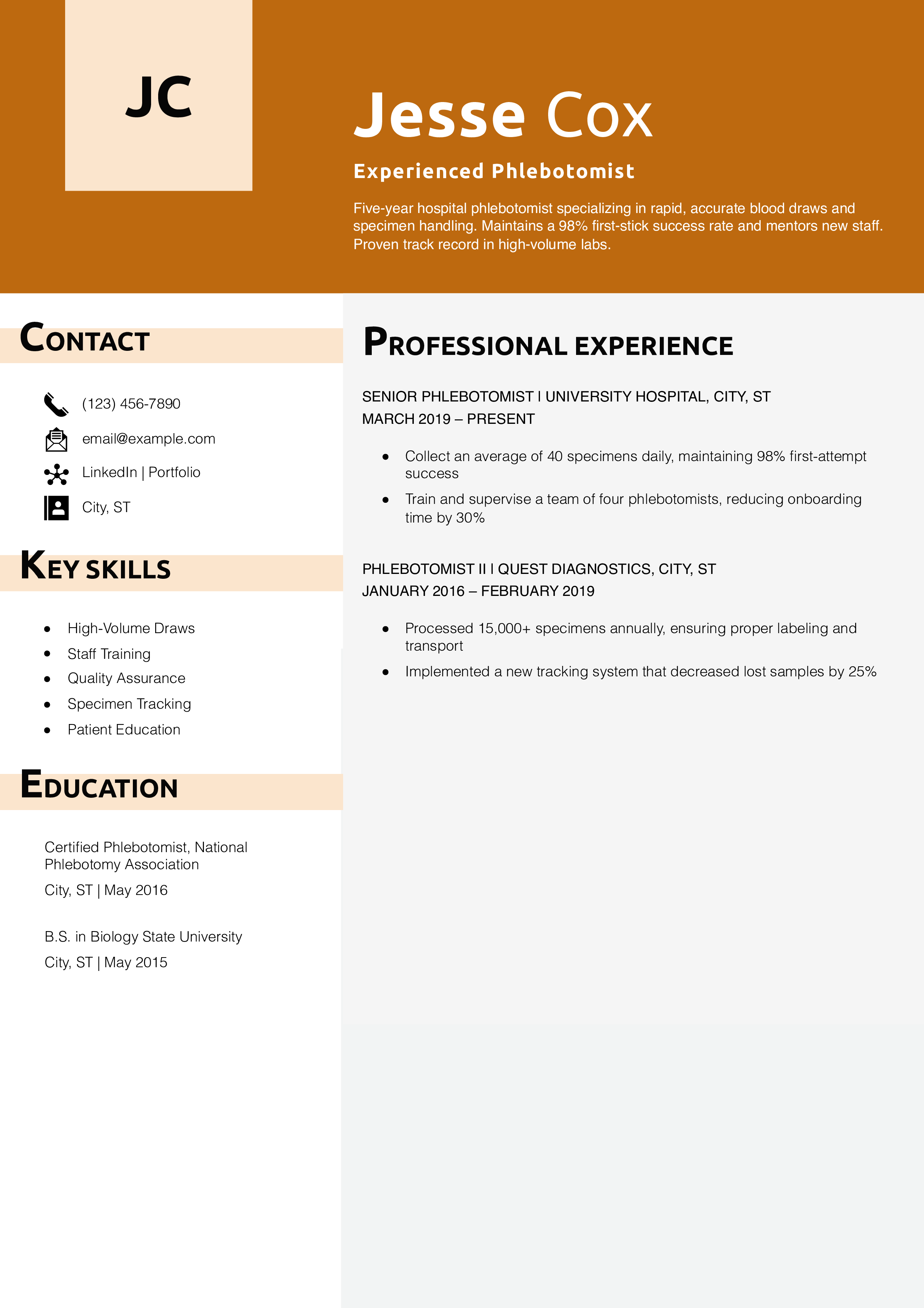 Experienced Phlebotomist Resume Example