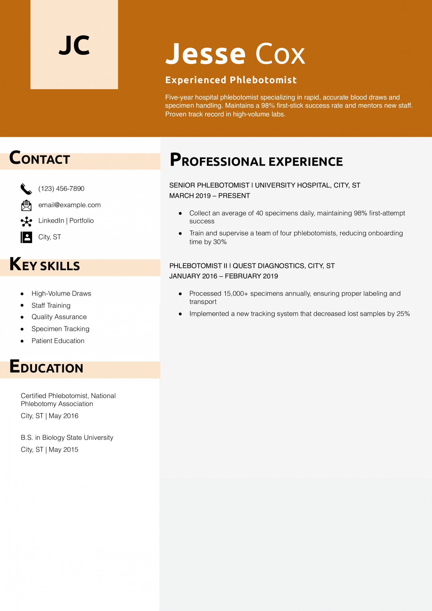 Experienced Phlebotomist Resume Example