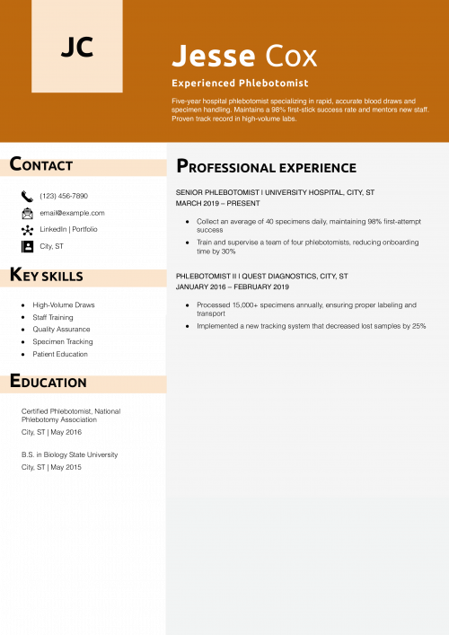 Experienced Phlebotomist Resume Example