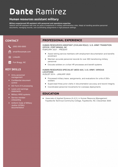 Human resources assistant military resume