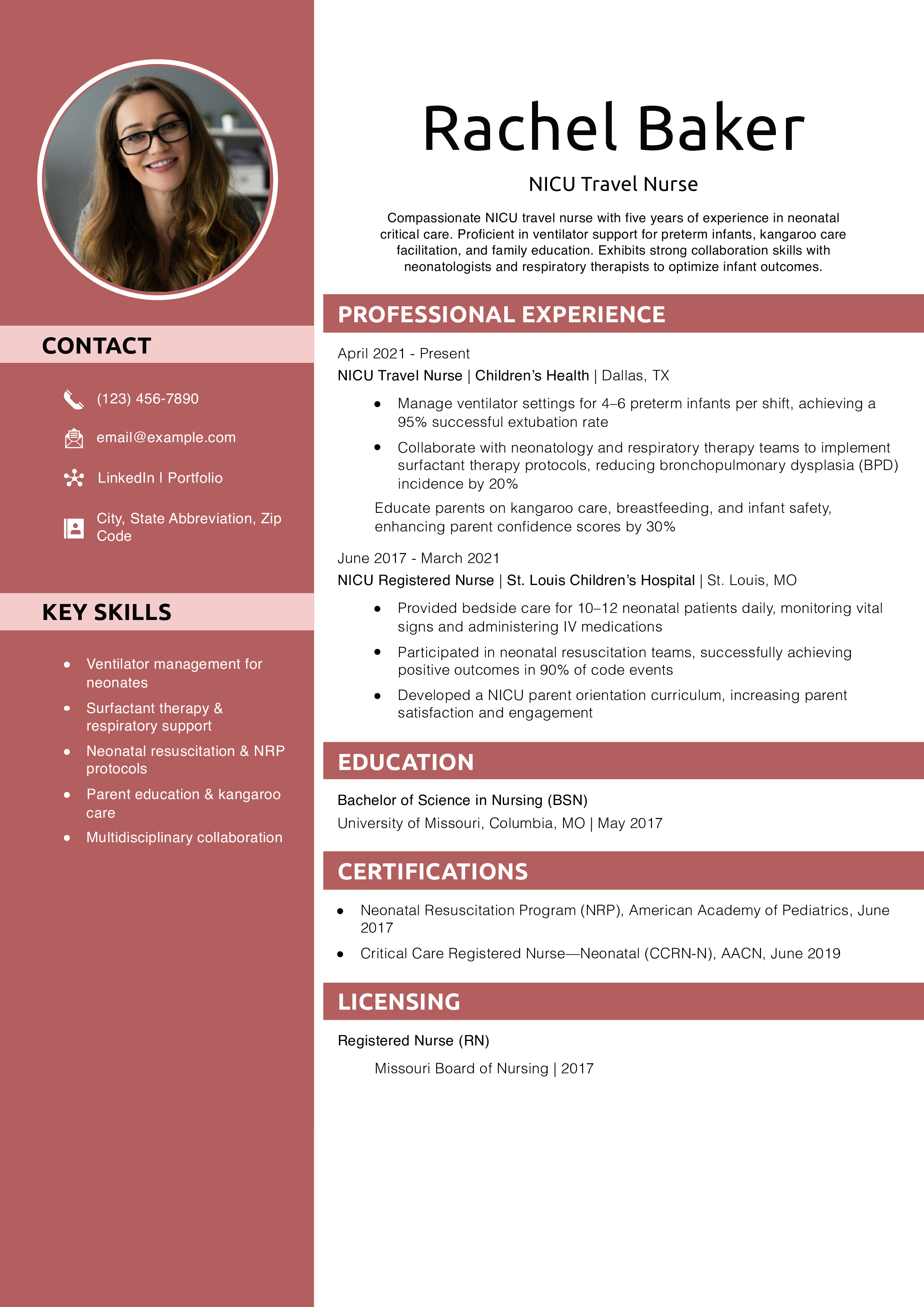 NICU Travel Nurse Resume Example