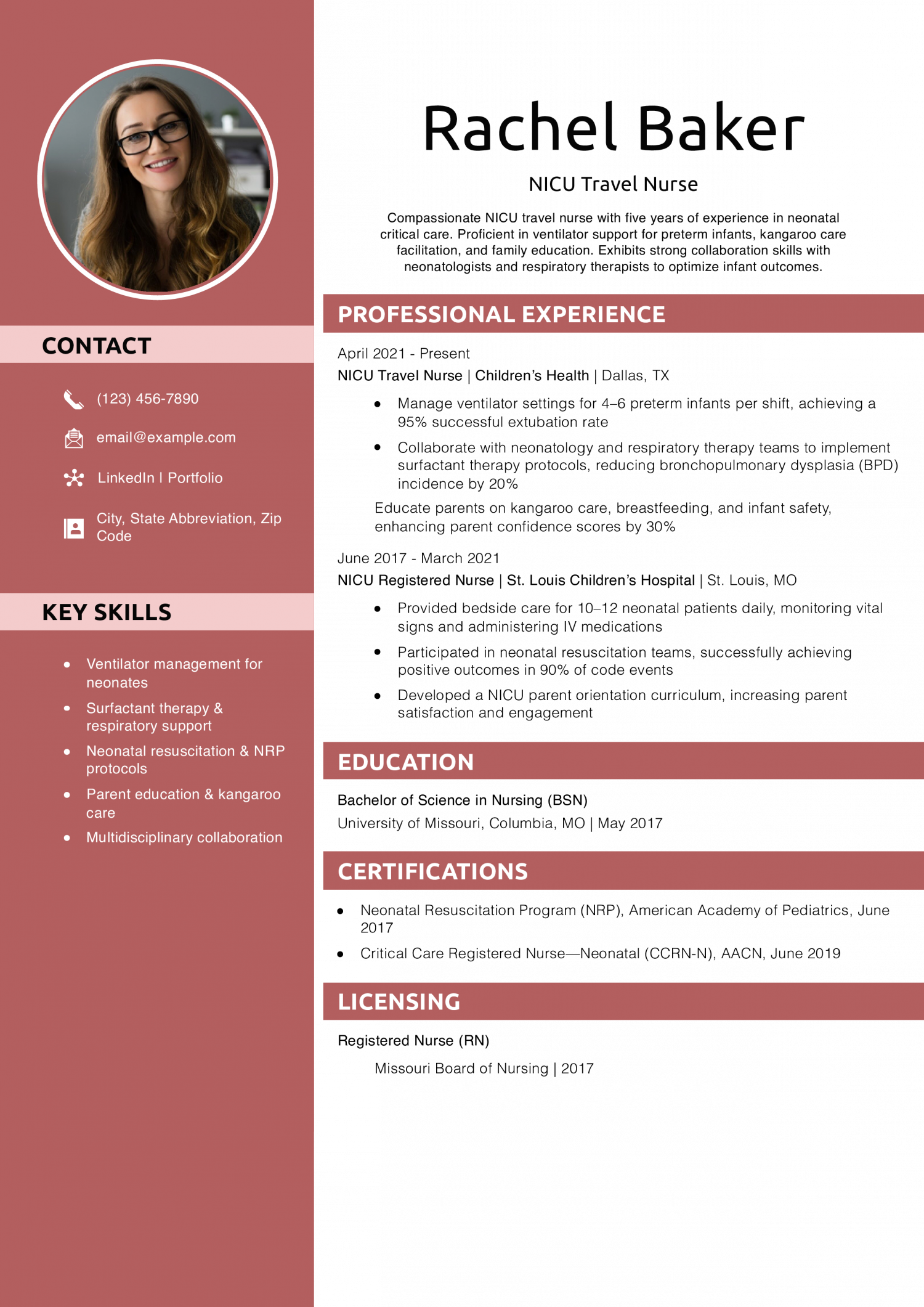 NICU Travel Nurse Resume Example