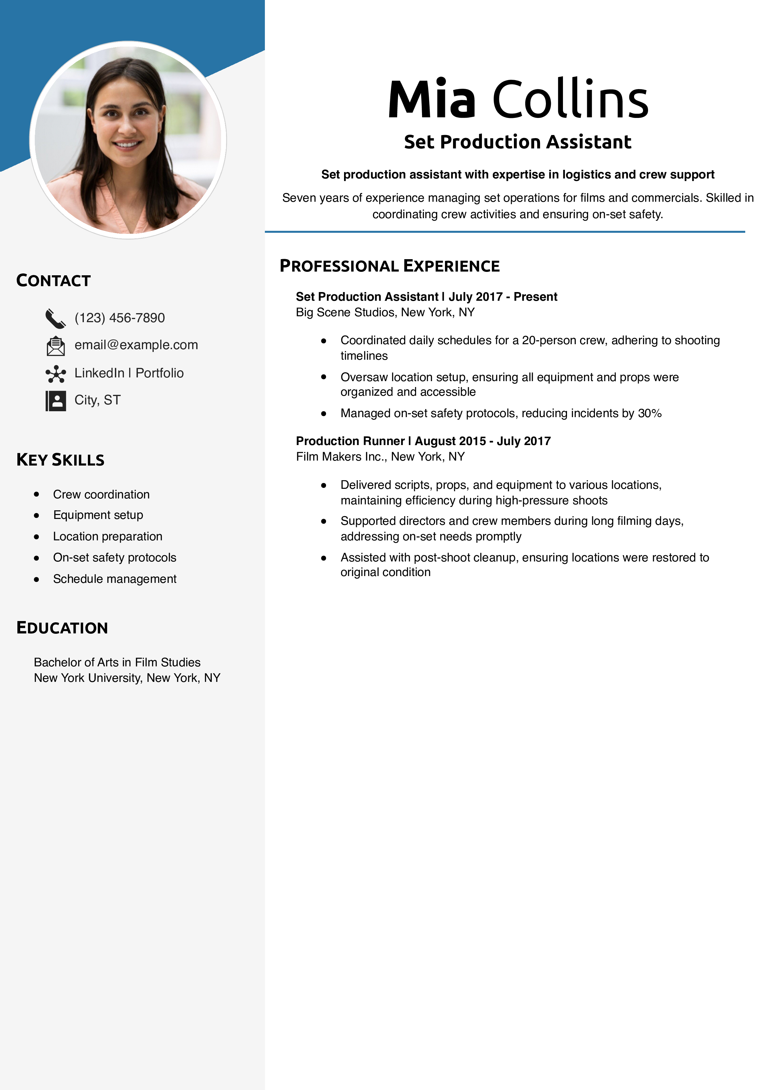 Set Production Assistant Resume