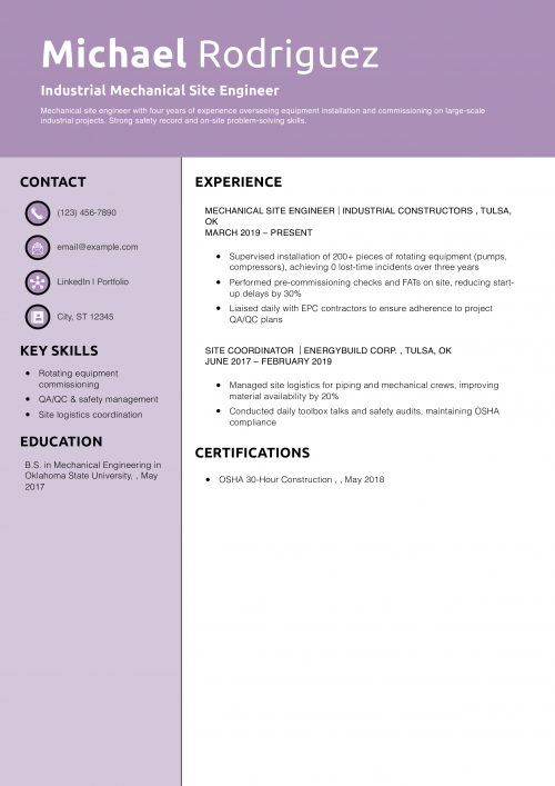 Industrial Mechanical Site Engineer Resume Example