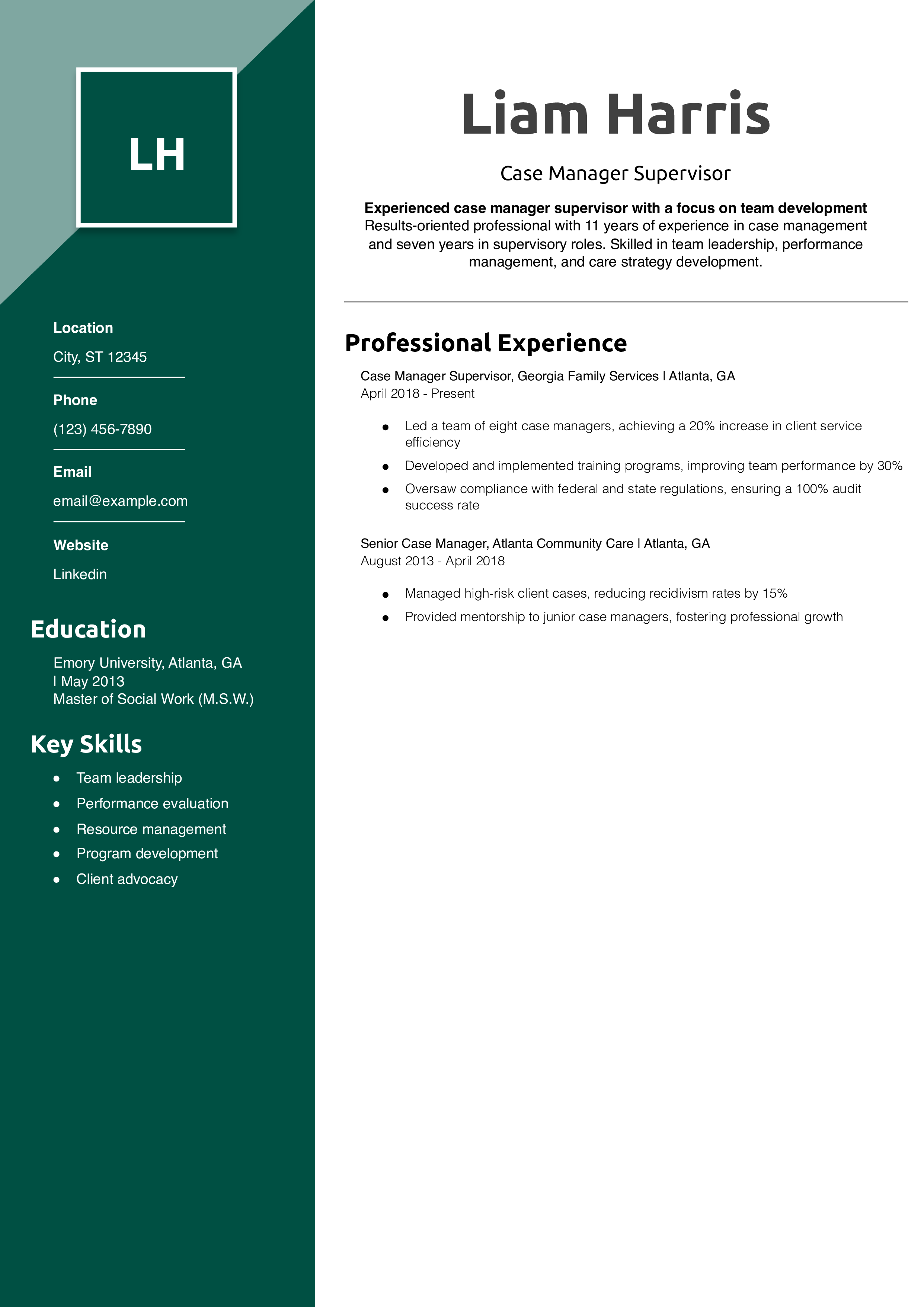 Case Manager Supervisor Resume Example