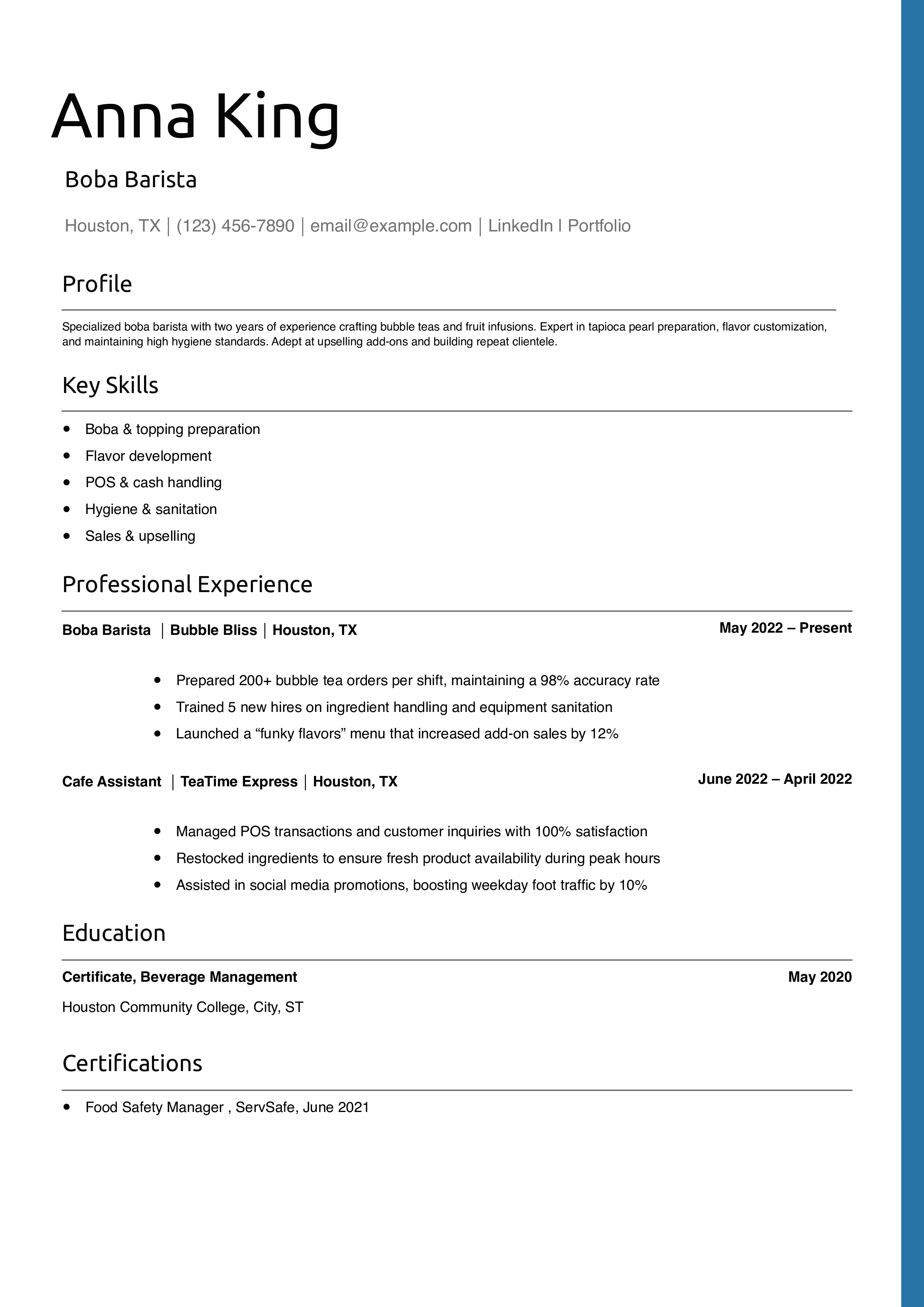 Boba Barista Resume Example