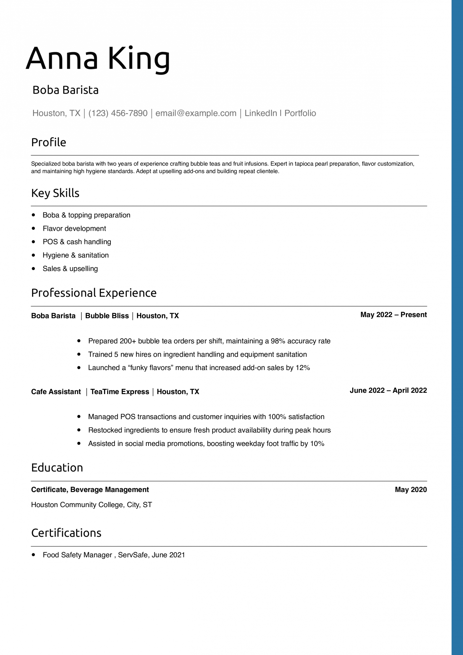 Boba Barista Resume Example