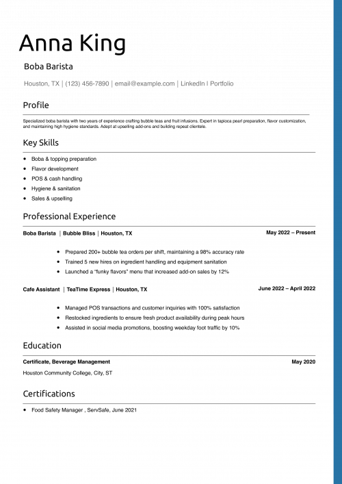 Boba Barista Resume Example