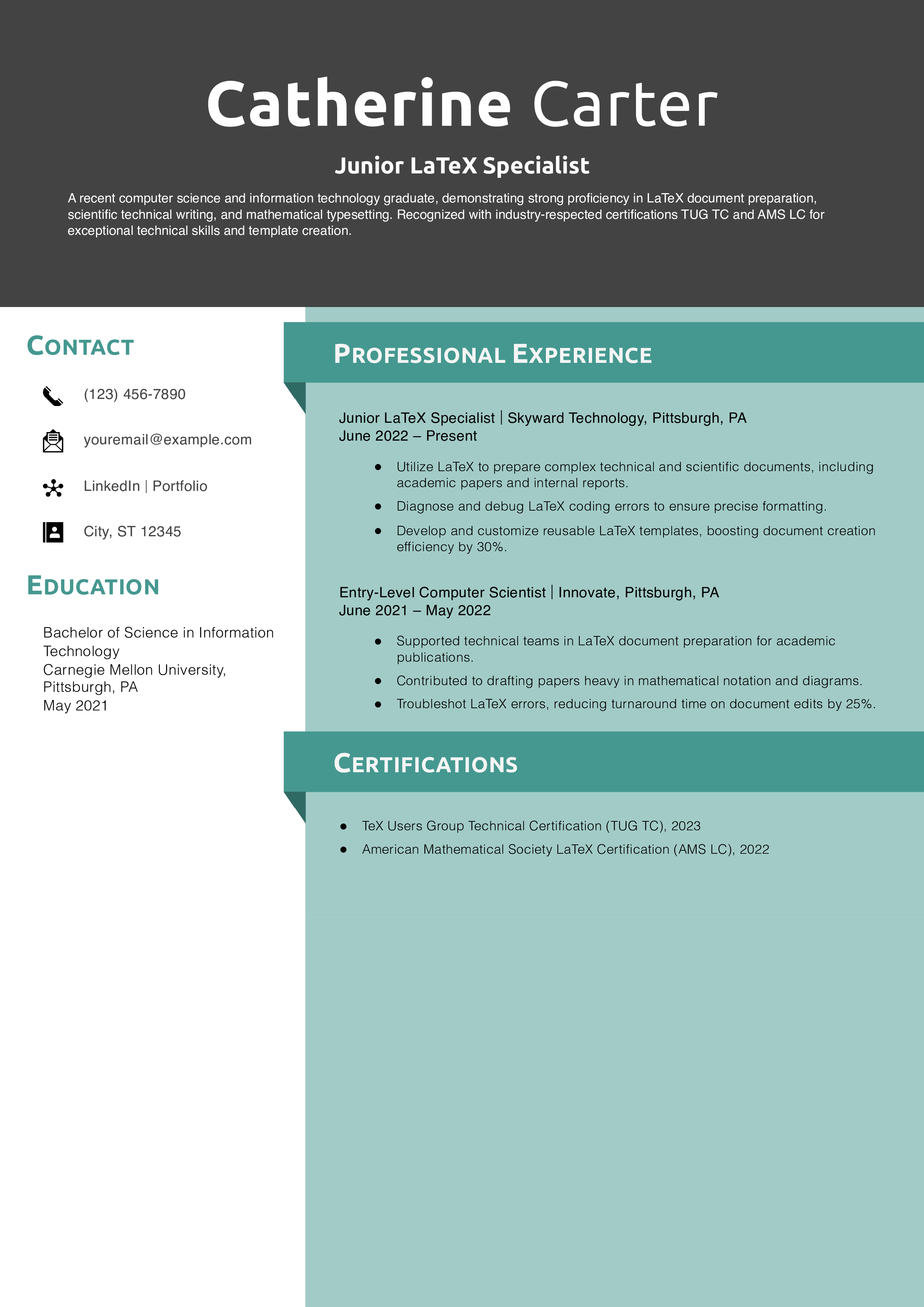 Junior LaTeX Specialist Resume Example
