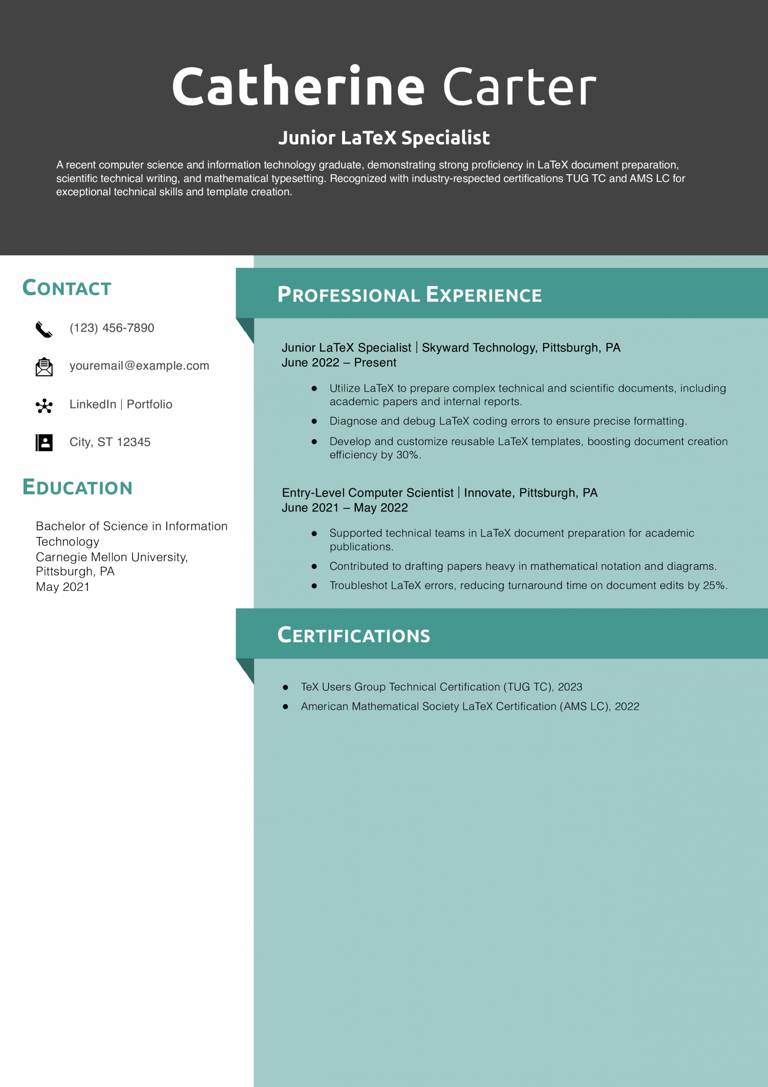 Junior LaTeX Specialist Resume Example