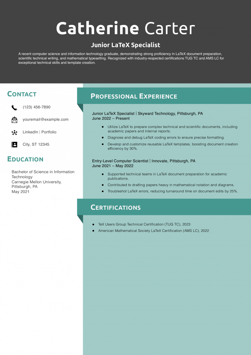 Junior LaTeX Specialist Resume Example