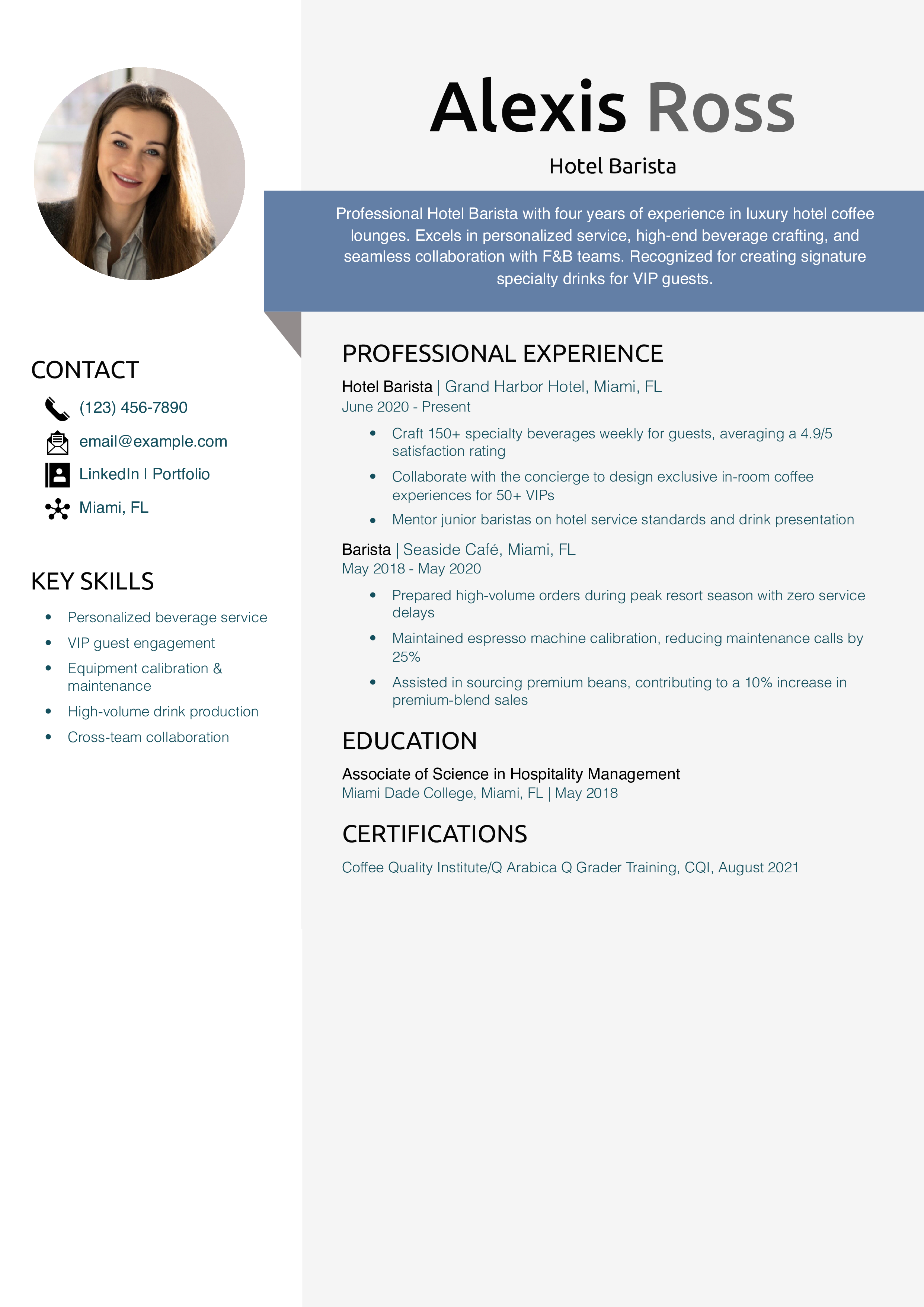 Hotel Barista Resume Example