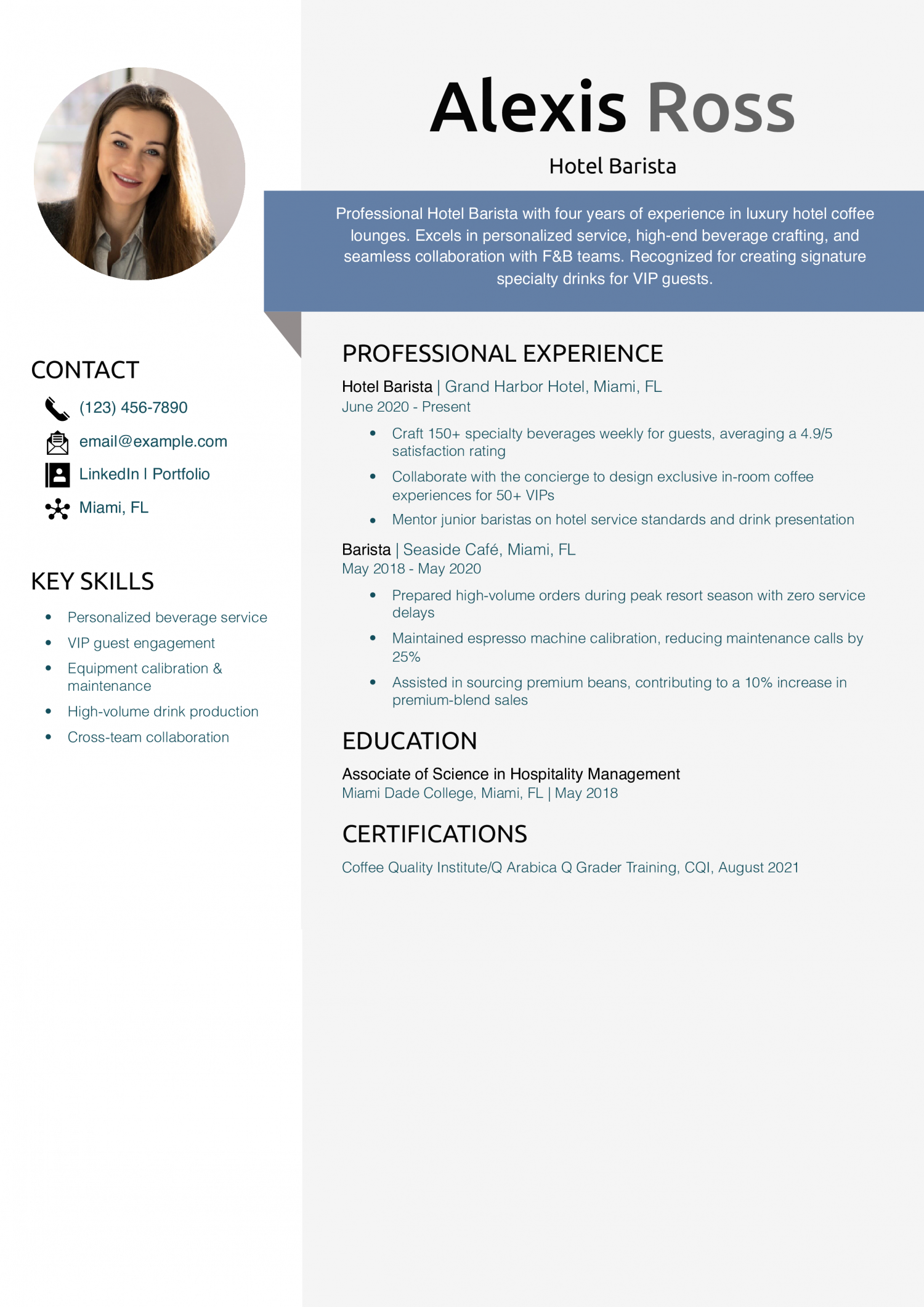 Hotel Barista Resume Example