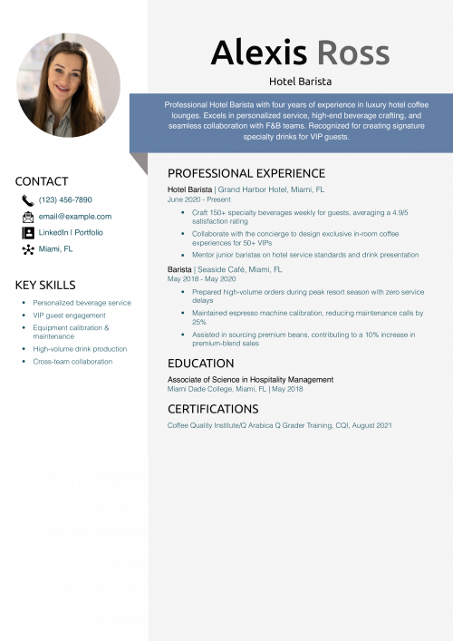 Hotel Barista Resume Example