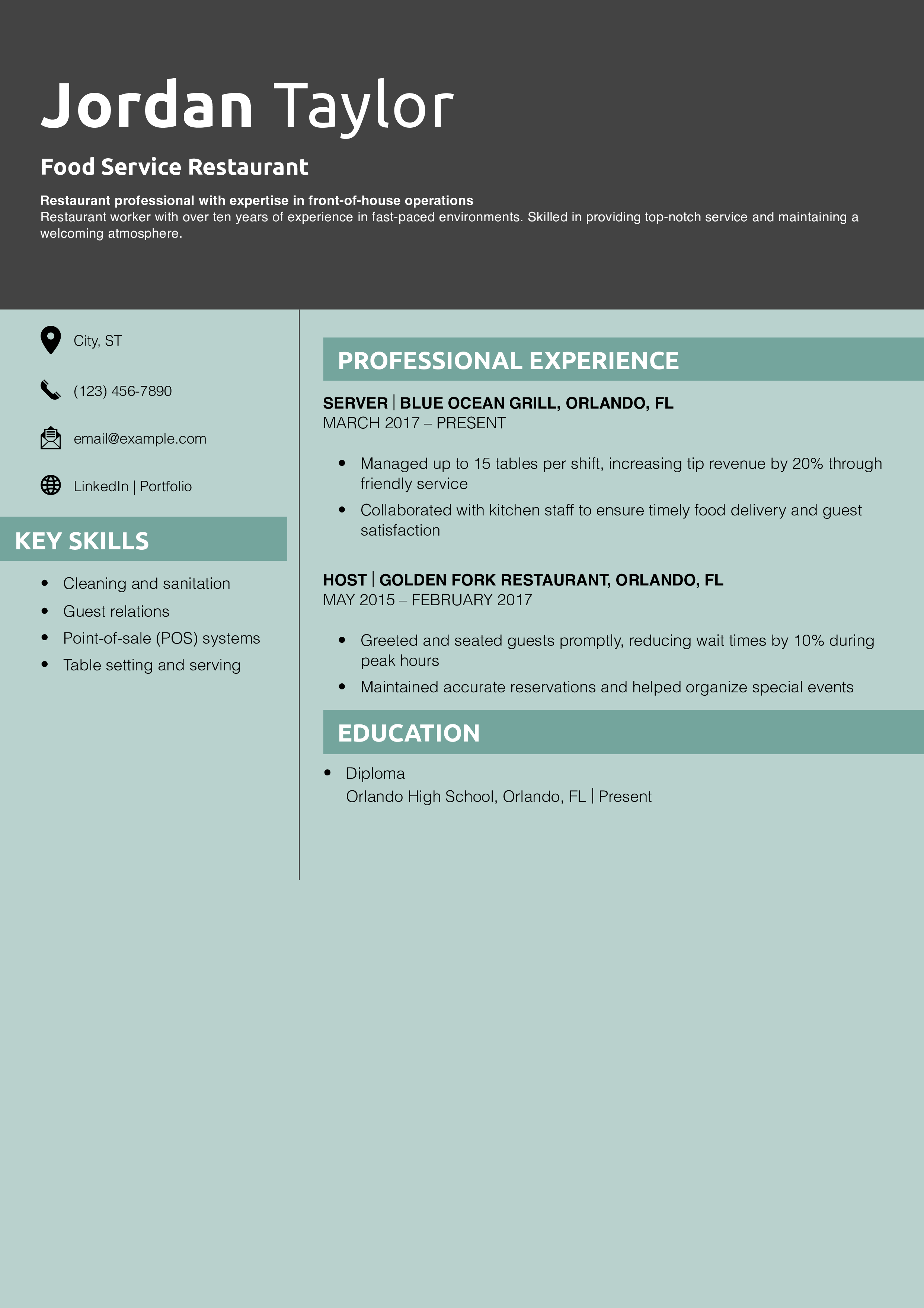 Food Service Restaurant Resume Sample