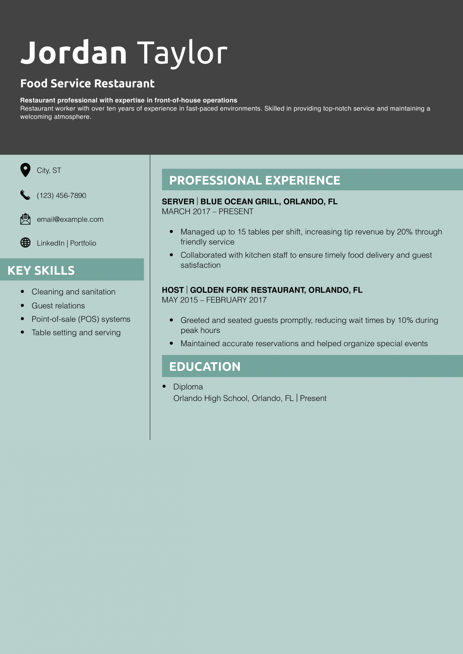Food Service Restaurant Resume Sample