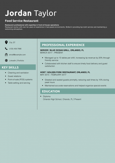 Food Service Restaurant Resume Sample