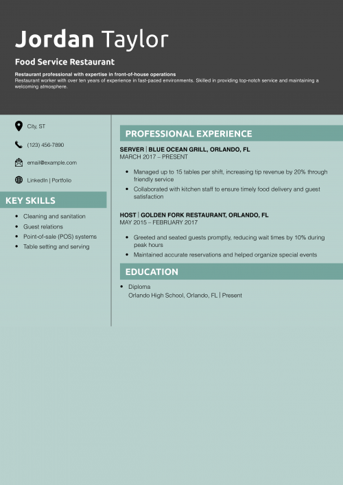 Food Service Restaurant Resume Sample
