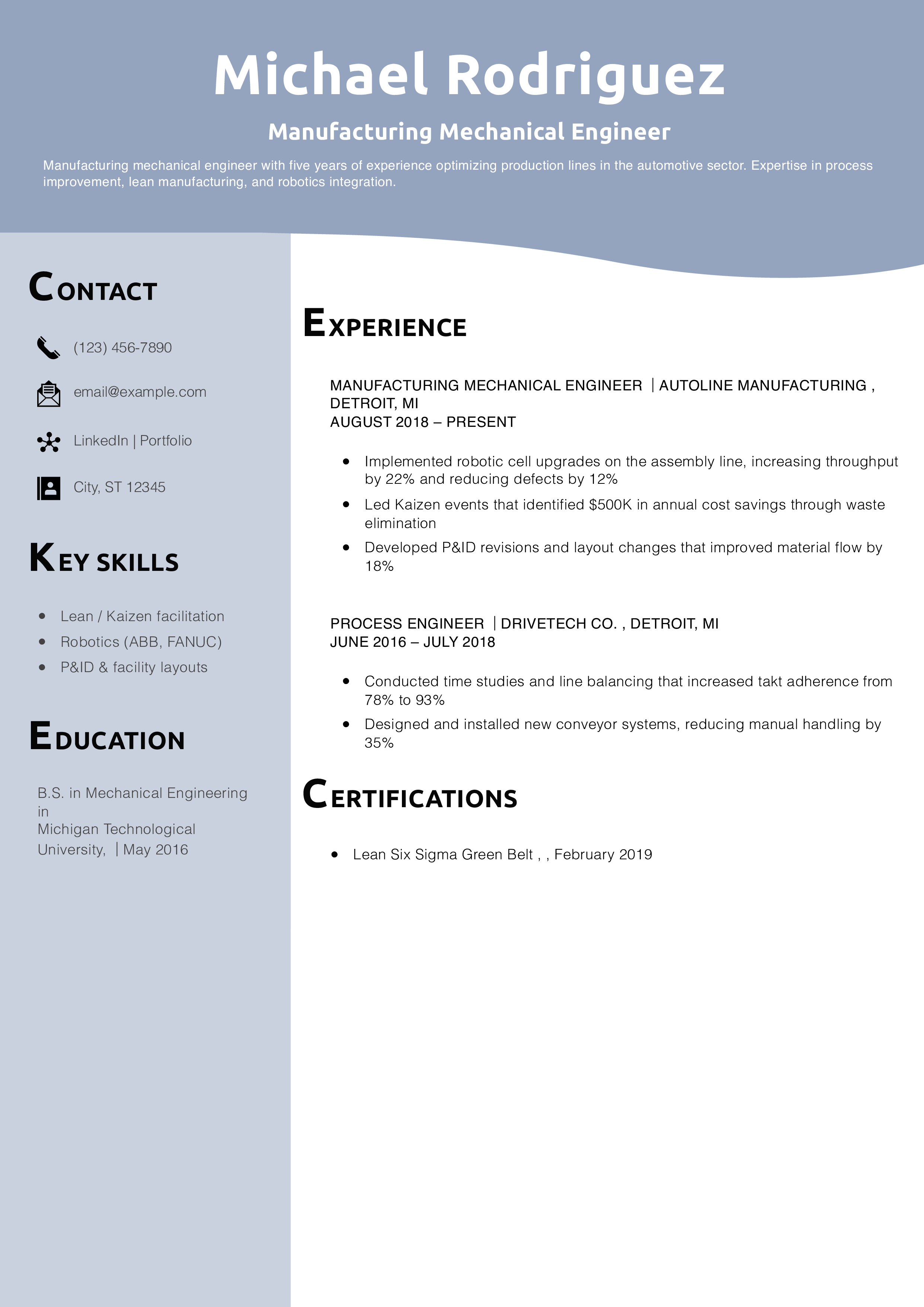 Manufacturing Mechanical Engineer Resume Example