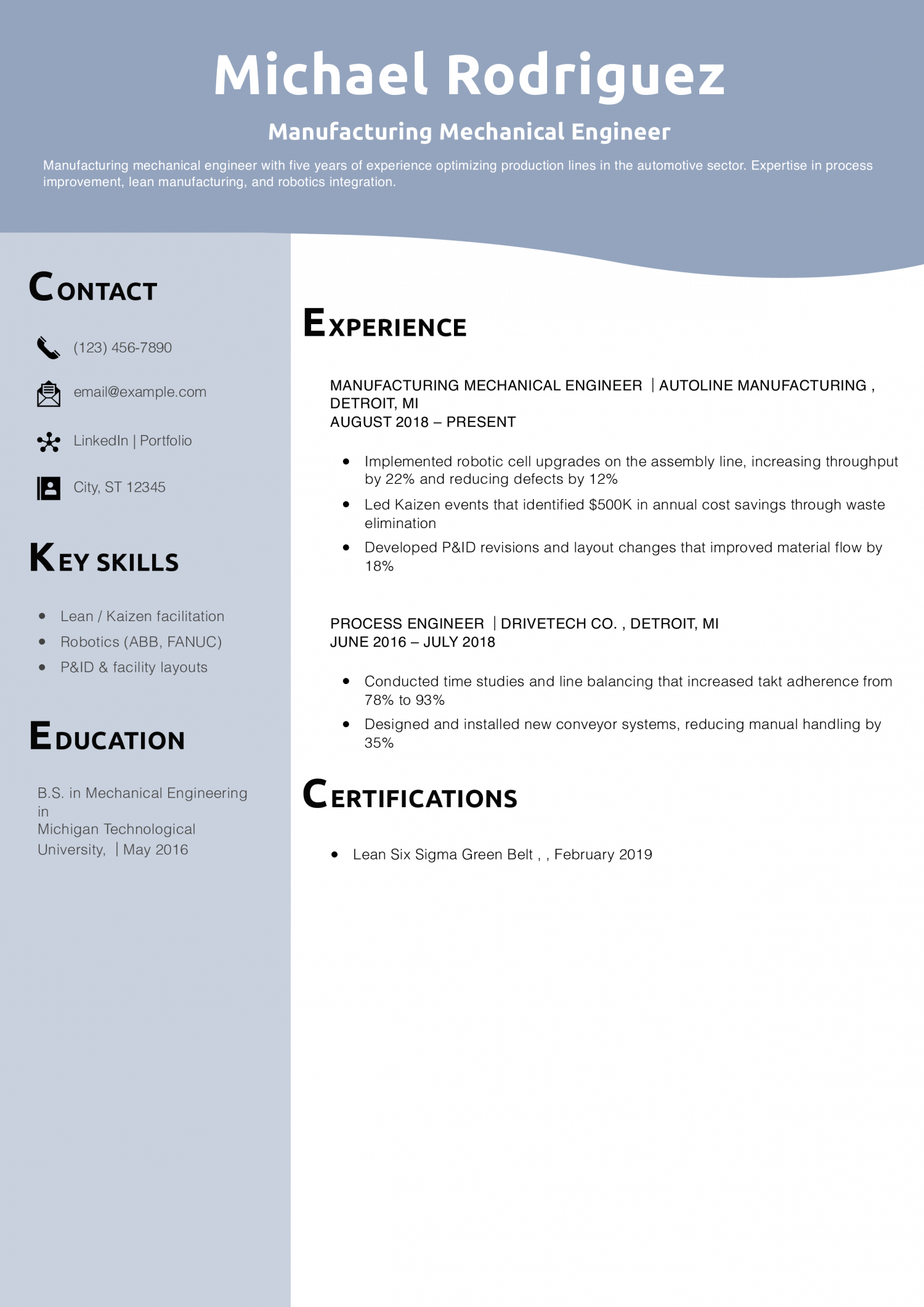 Manufacturing Mechanical Engineer Resume Example