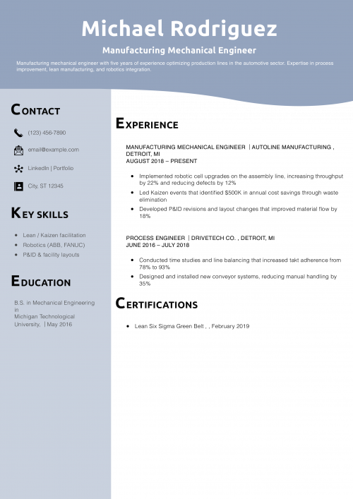 Manufacturing Mechanical Engineer Resume Example