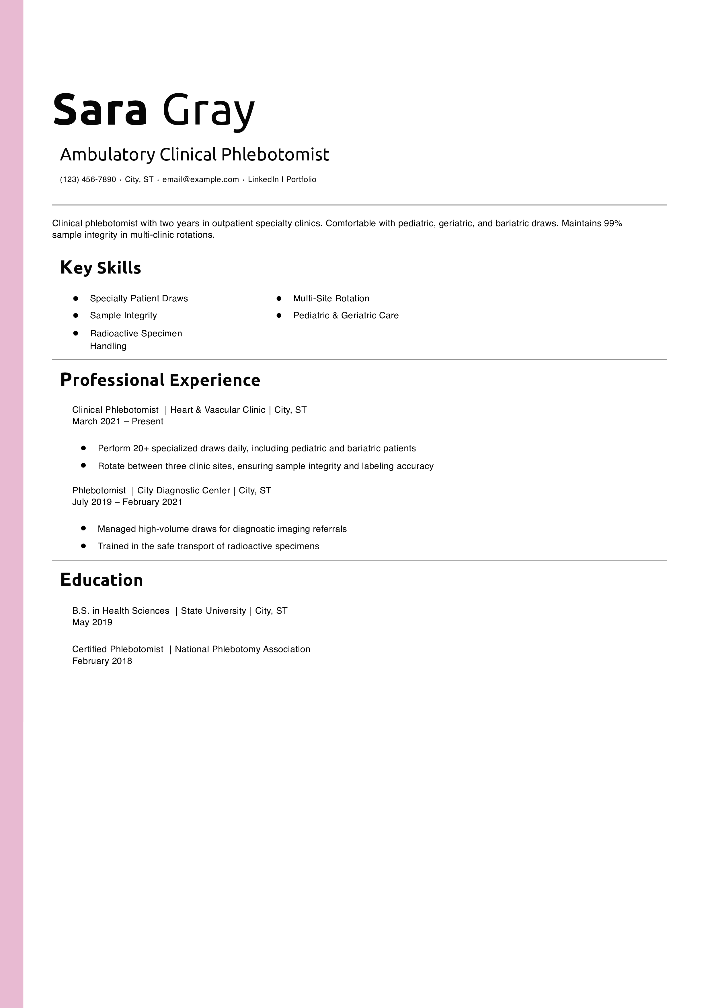 Ambulatory Clinical Phlebotomist Resume Example