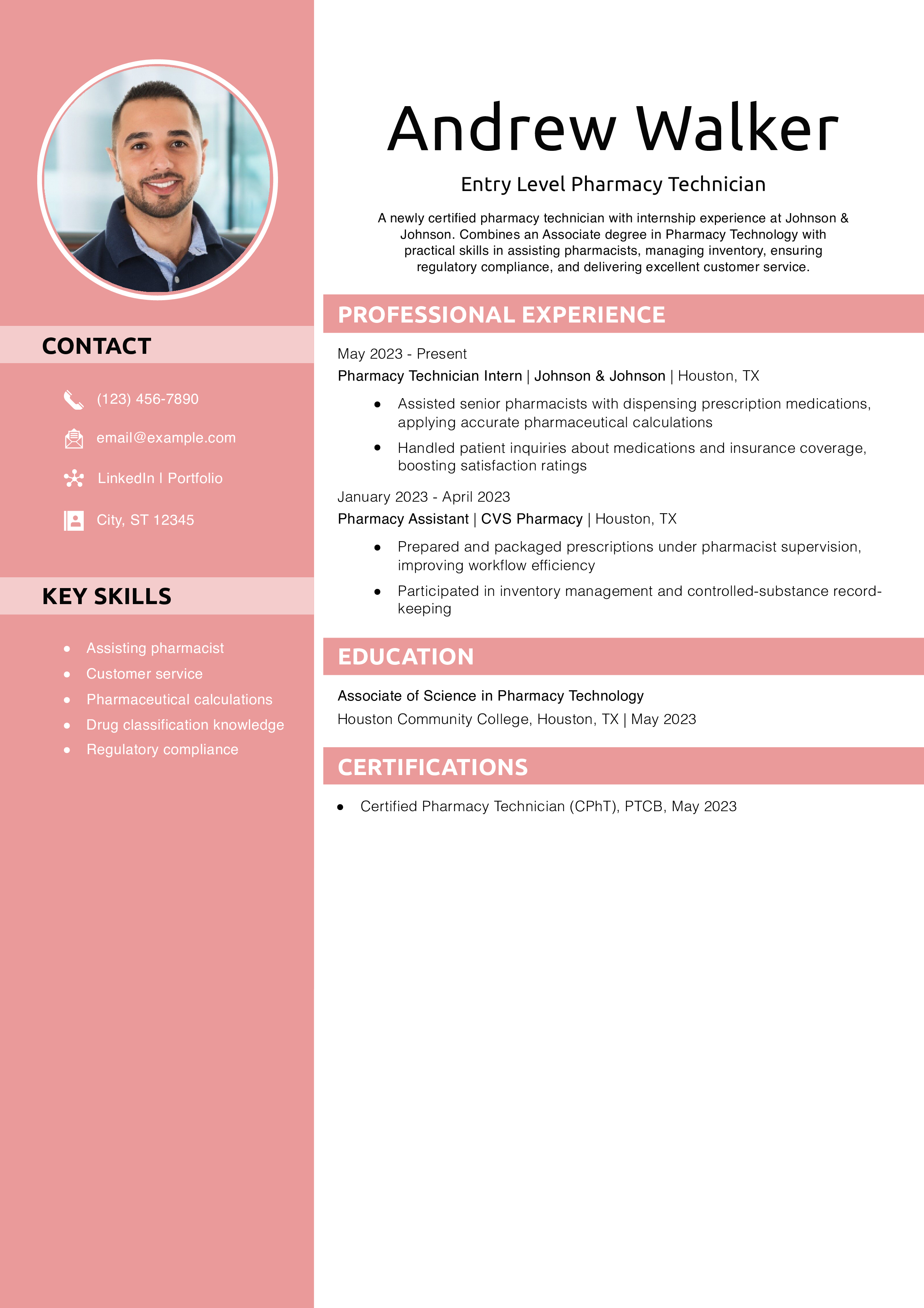 Entry Level Pharmacy Technician Resume Example