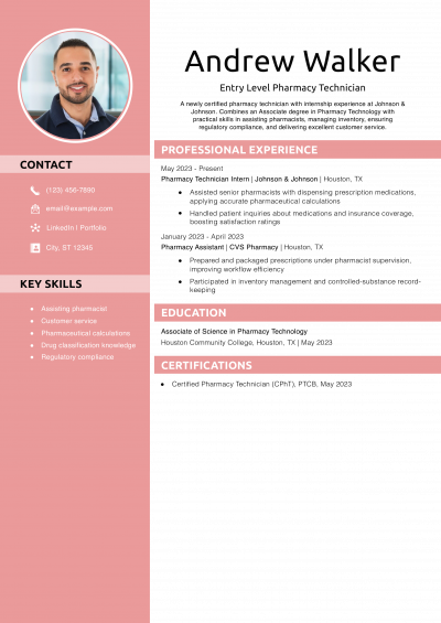 Entry Level Pharmacy Technician Resume Example