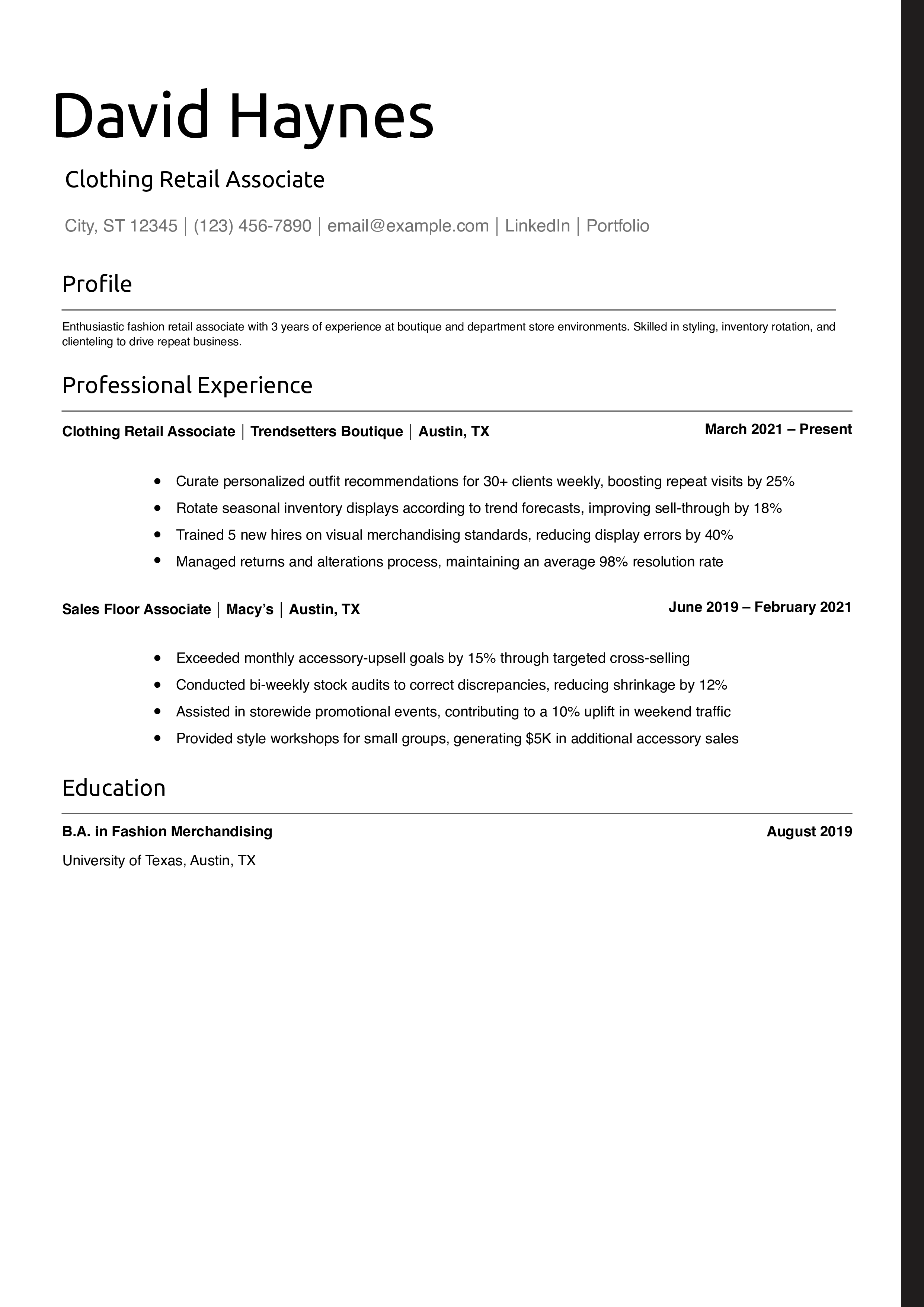 Clothing Retail Associate Resume Example