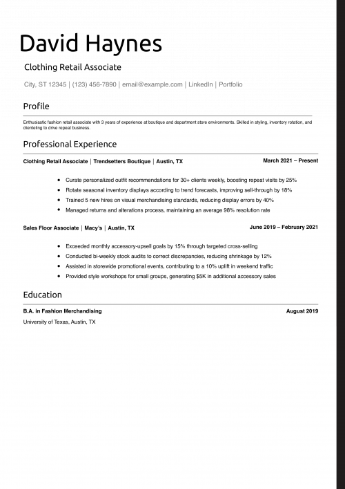 Clothing Retail Associate Resume Example