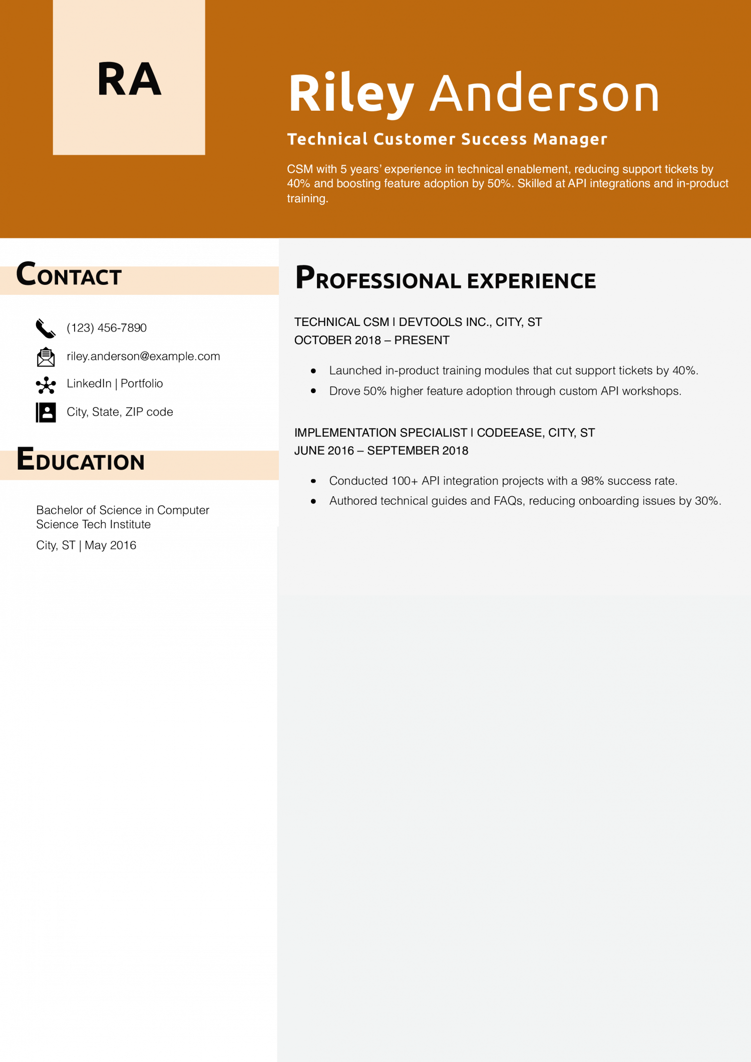 Technical Customer Success Manager Resume Example