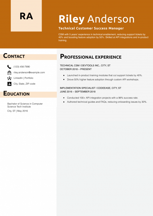 Technical Customer Success Manager Resume Example 