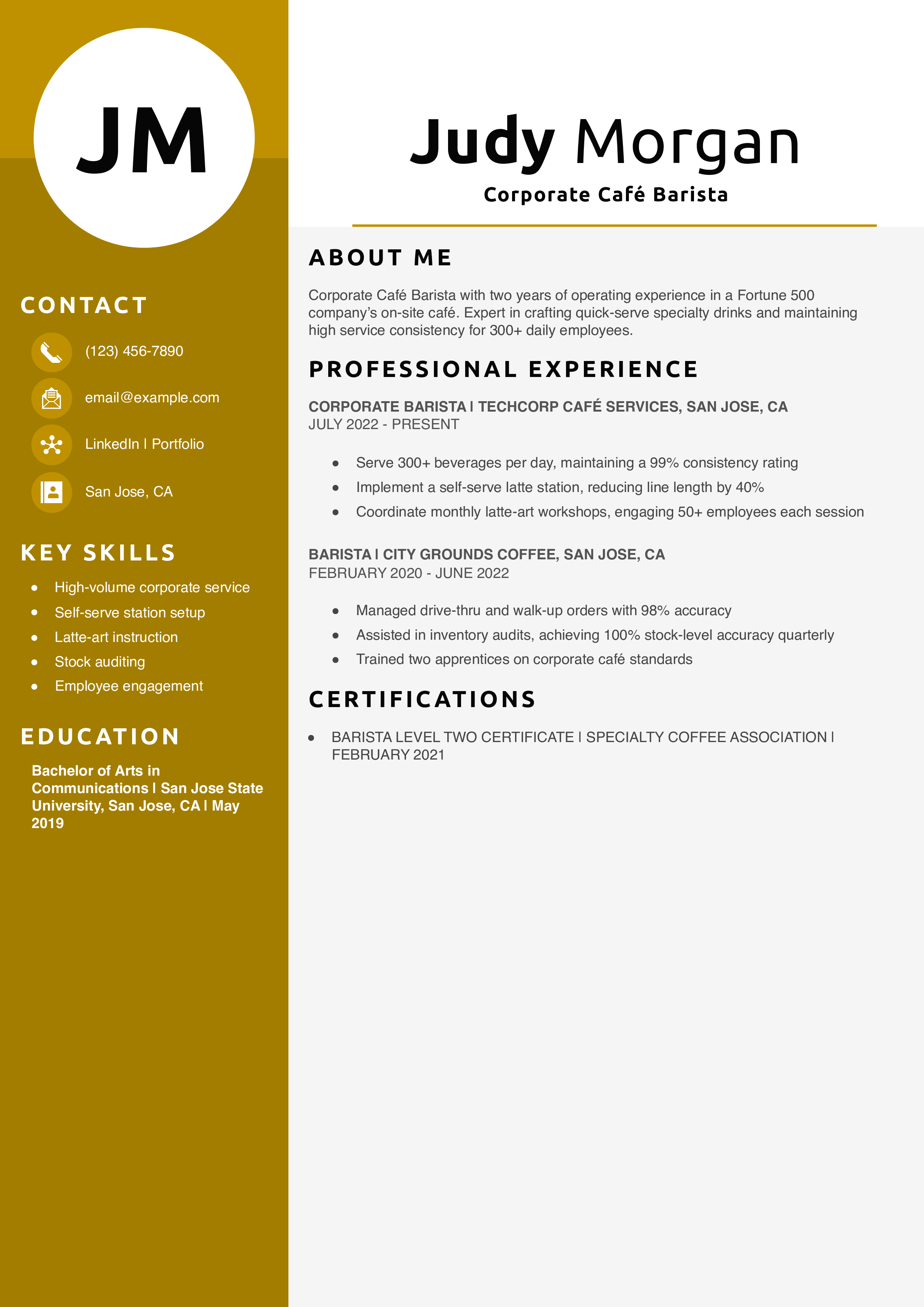 Corporate Café Barista Resume Example