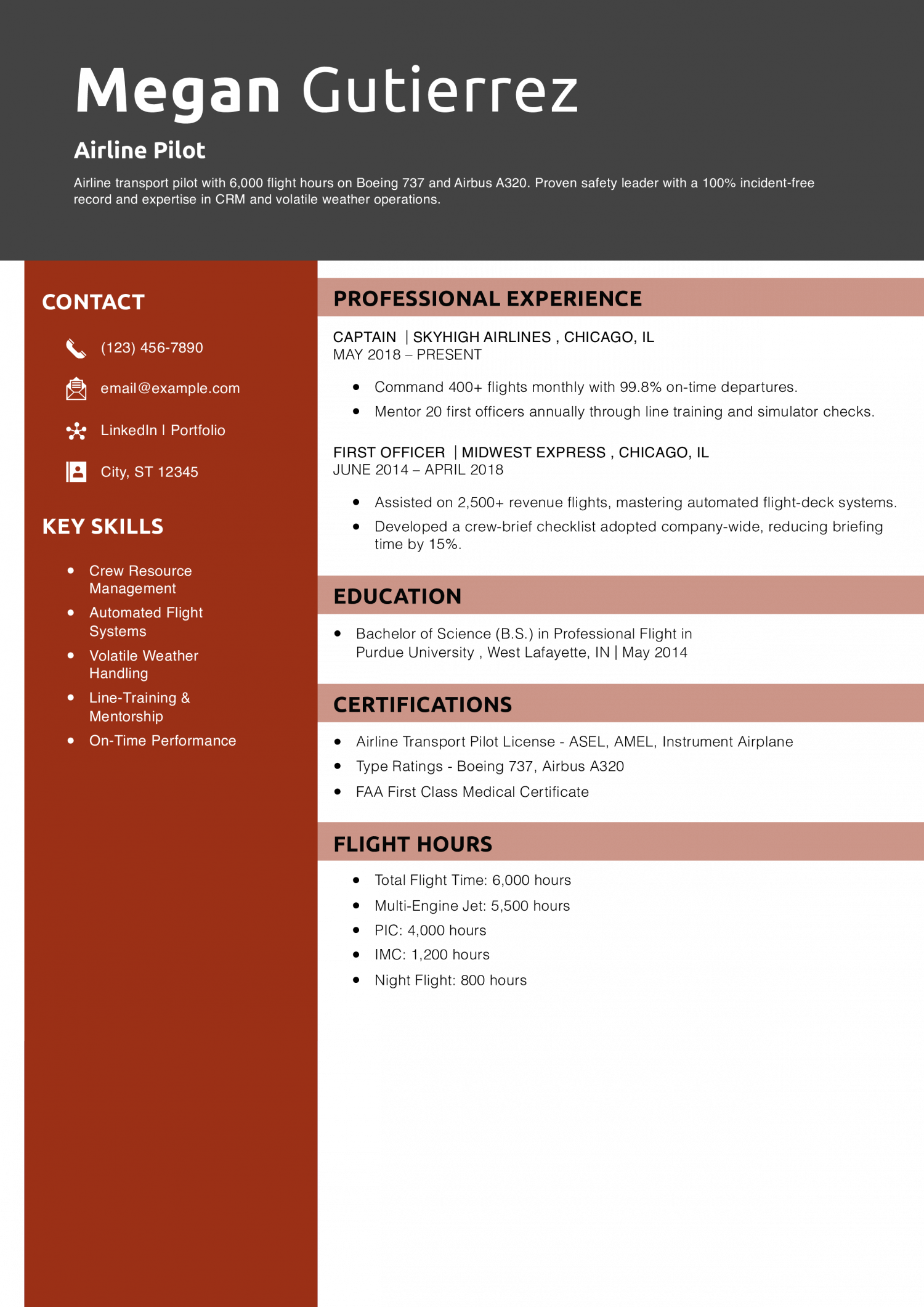 Airline Pilot Resume Example