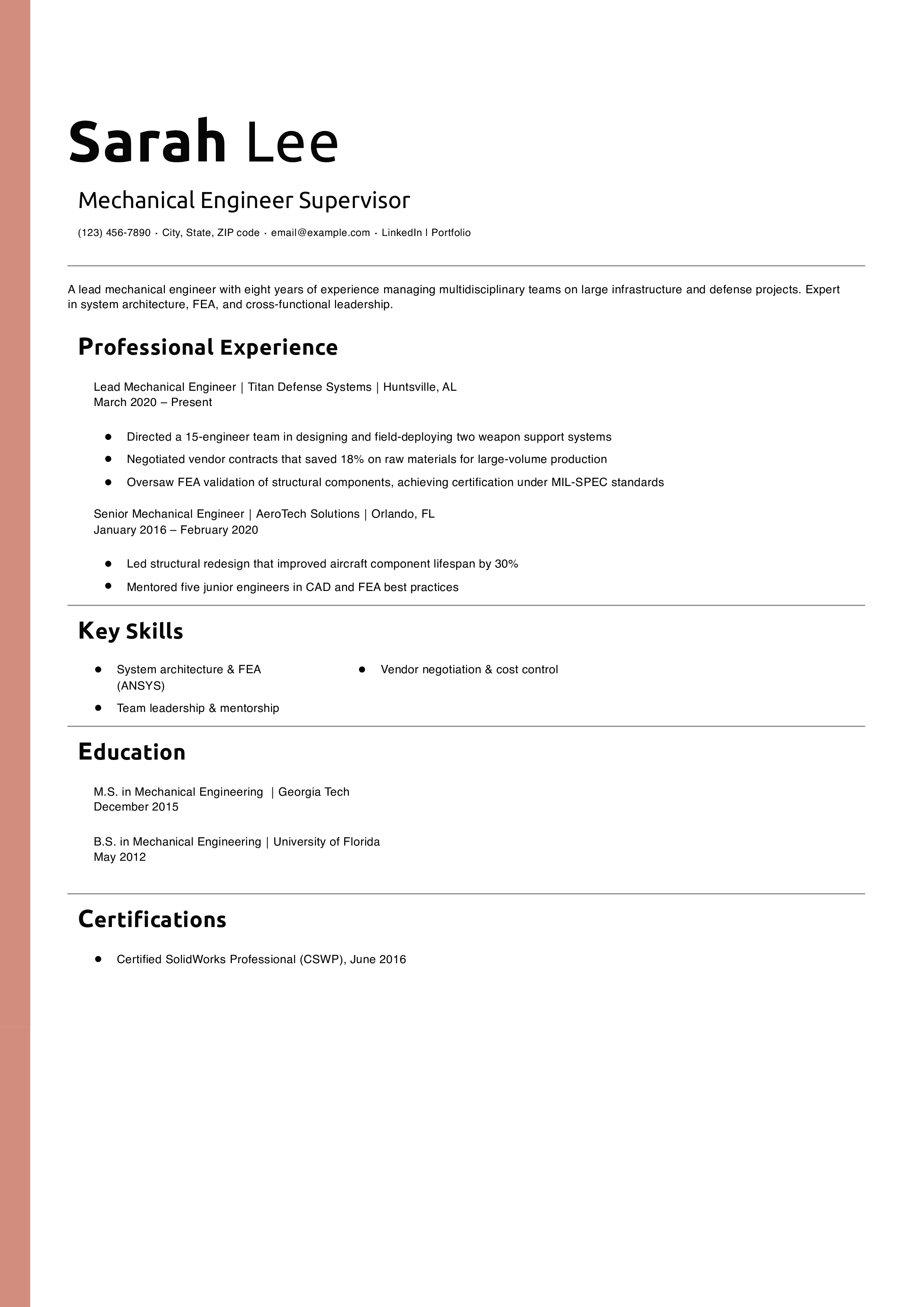Mechanical Engineer Supervisor Resume Example