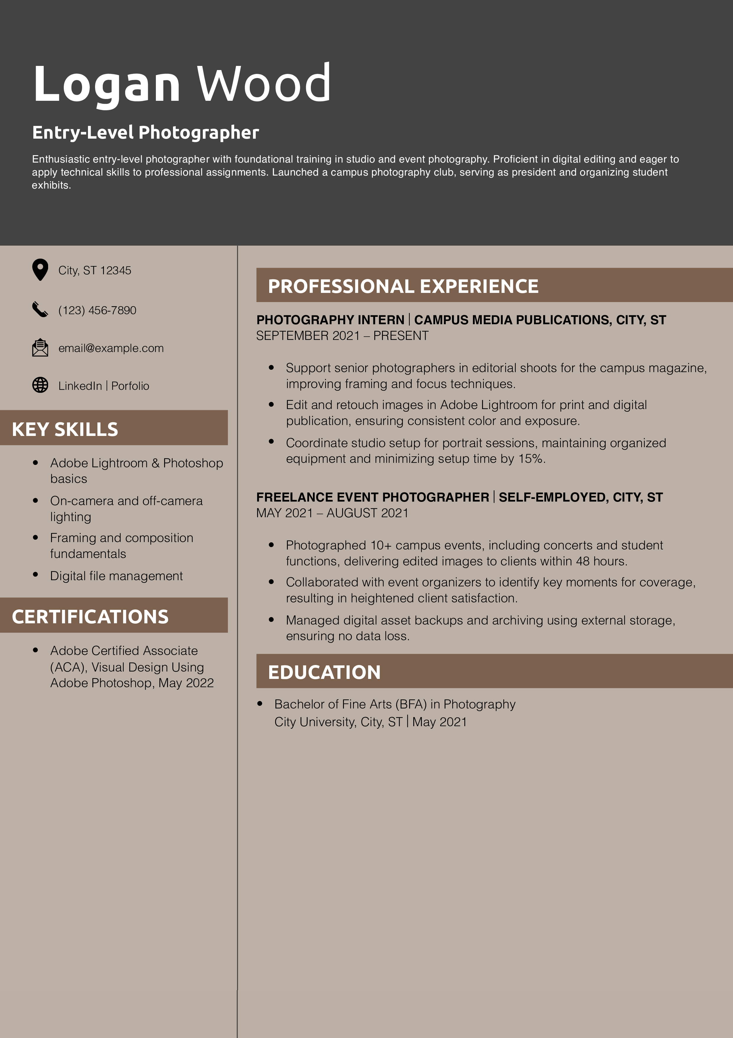 Entry-Level Photographer Resume Example