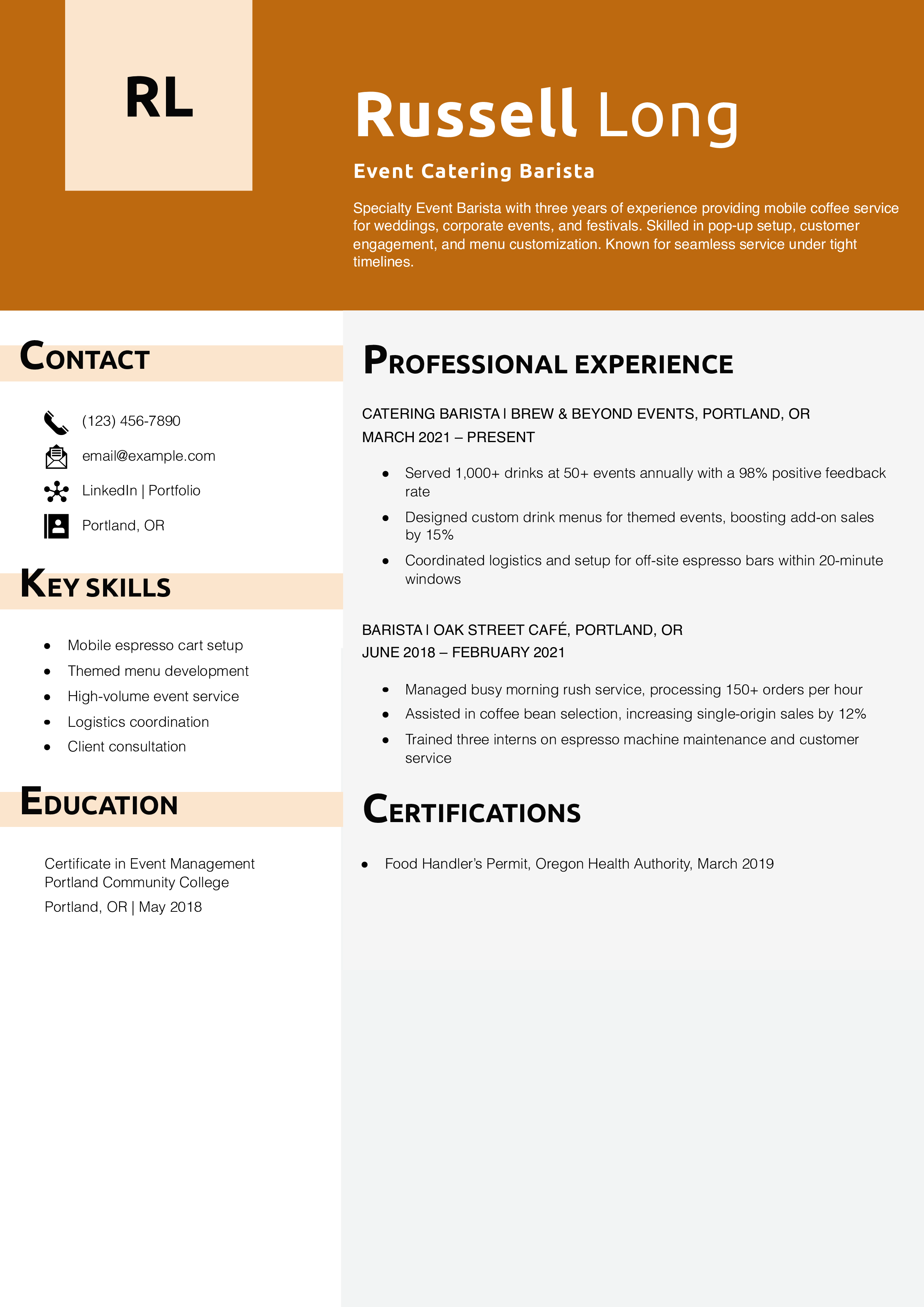 Event Catering Barista Resume Example