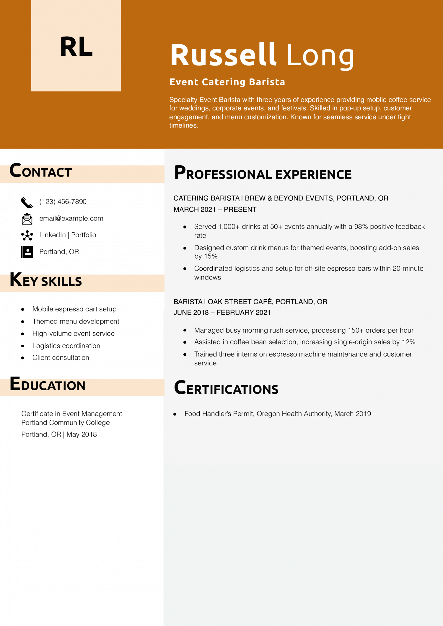  Event Catering Barista Resume Example