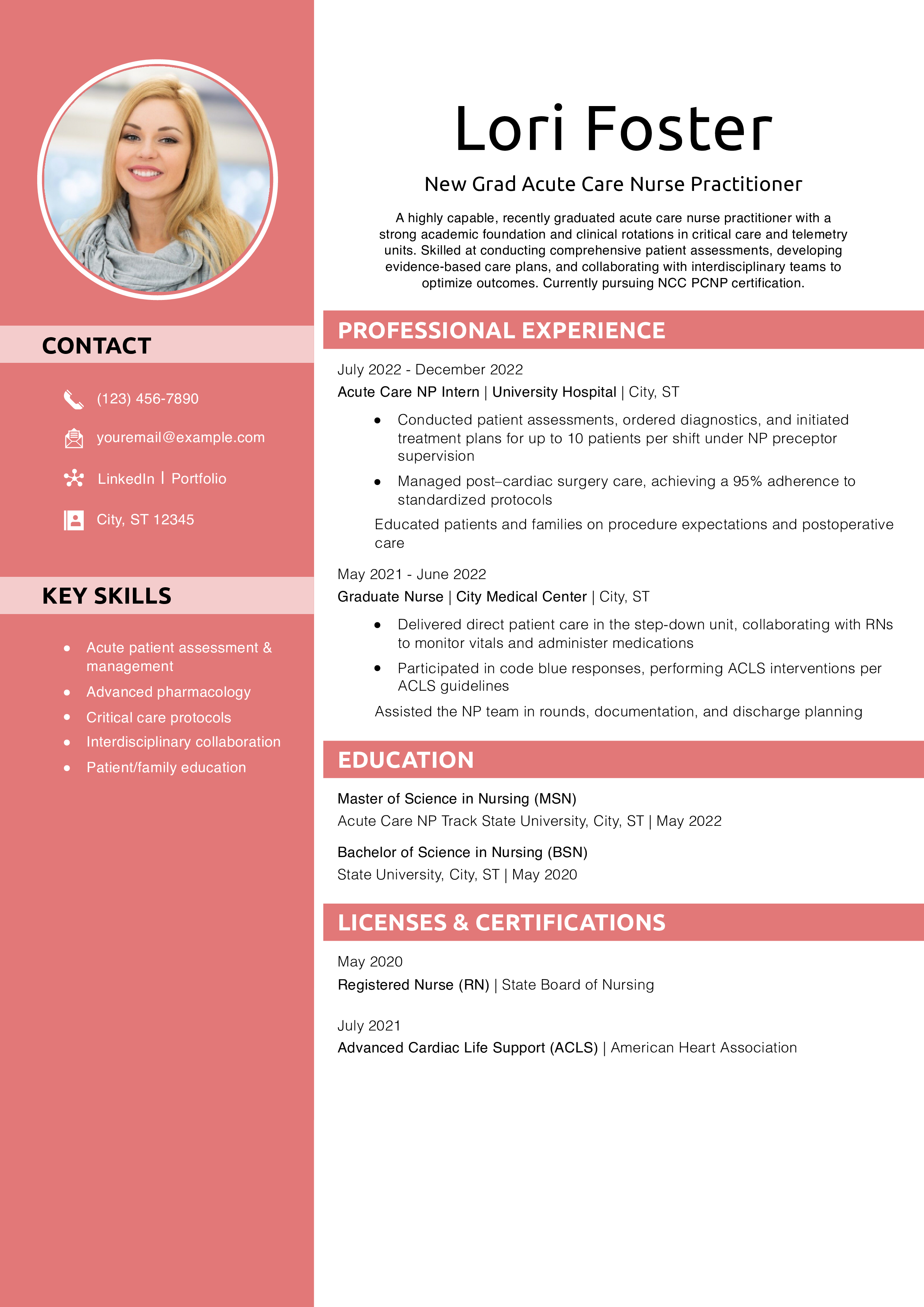 New Grad Acute Care Nurse Practitioner Resume Example