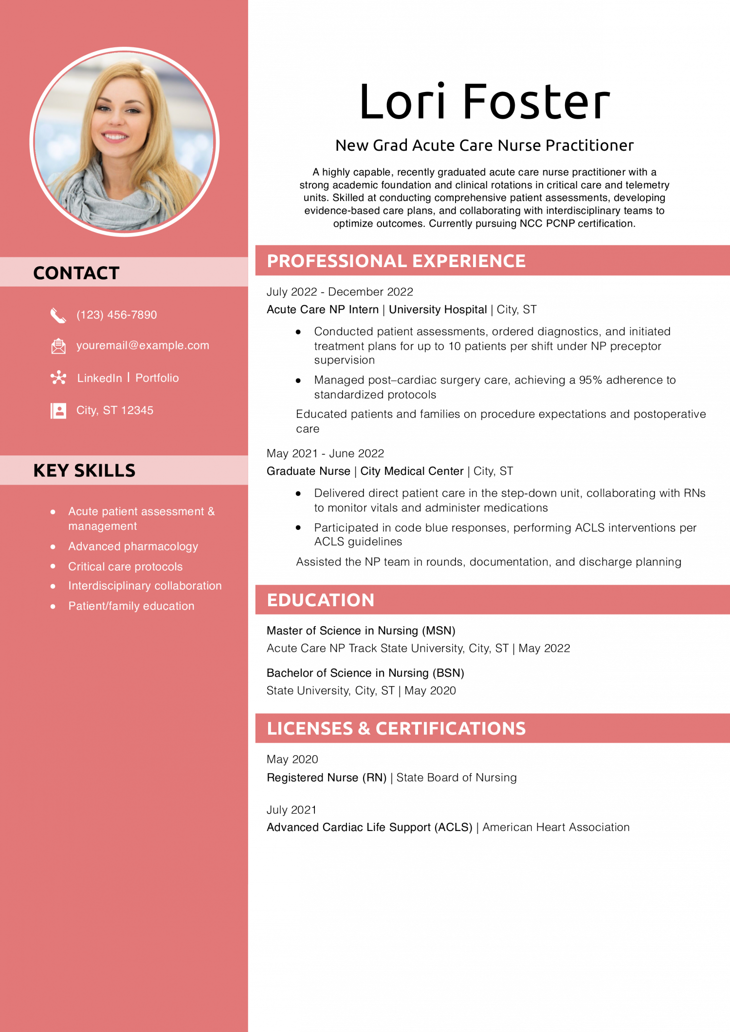 New Grad Acute Care Nurse Practitioner Resume Example