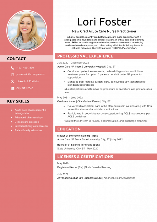 New Grad Acute Care Nurse Practitioner Resume Example
