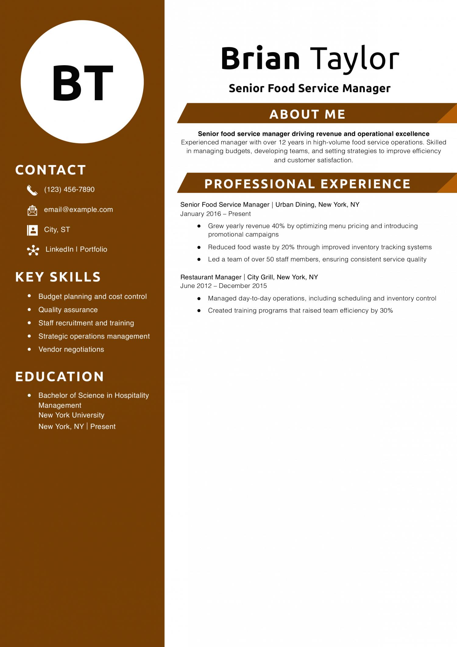Senior Food Service Manager Resume