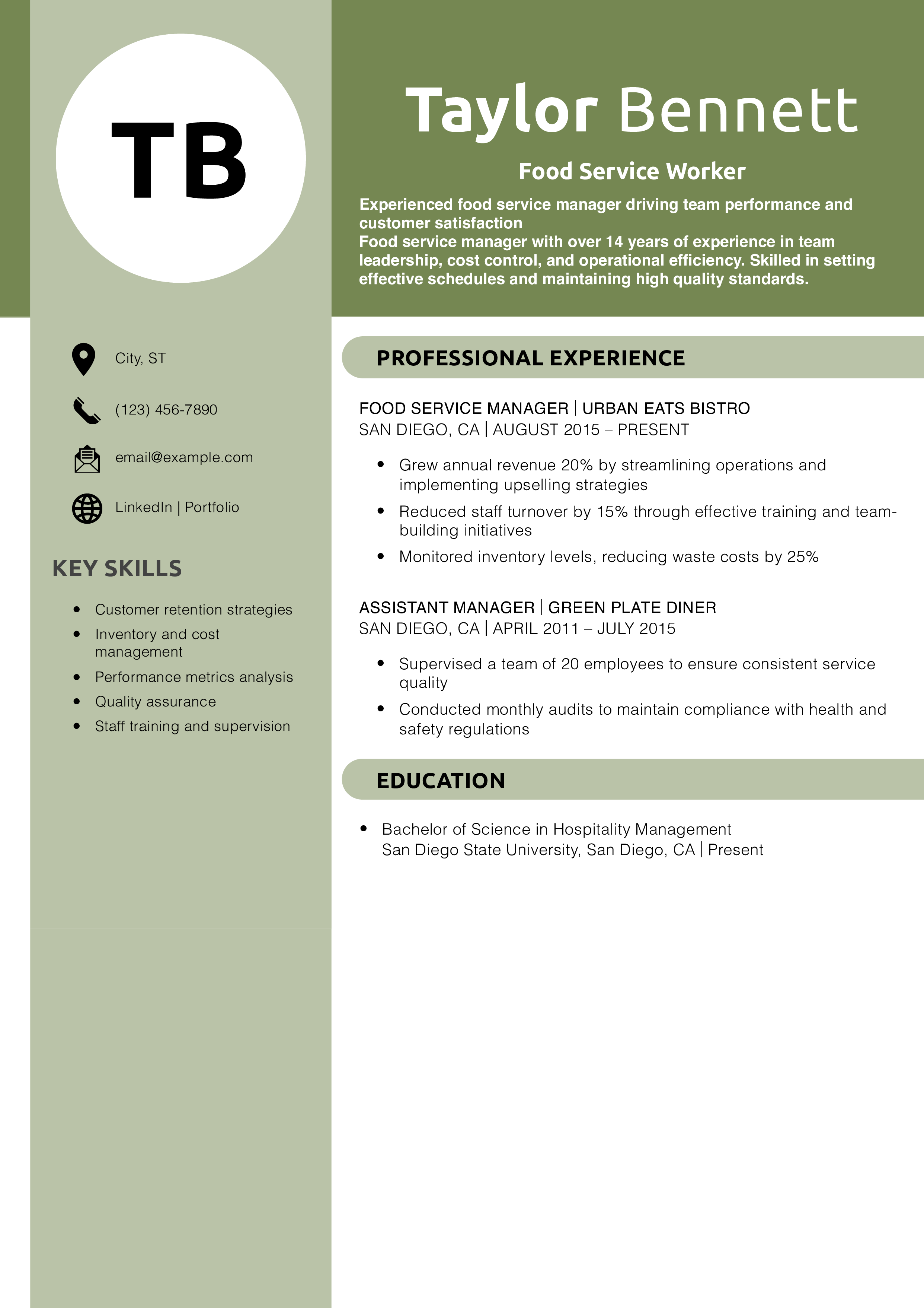 Food Service Manager Resume