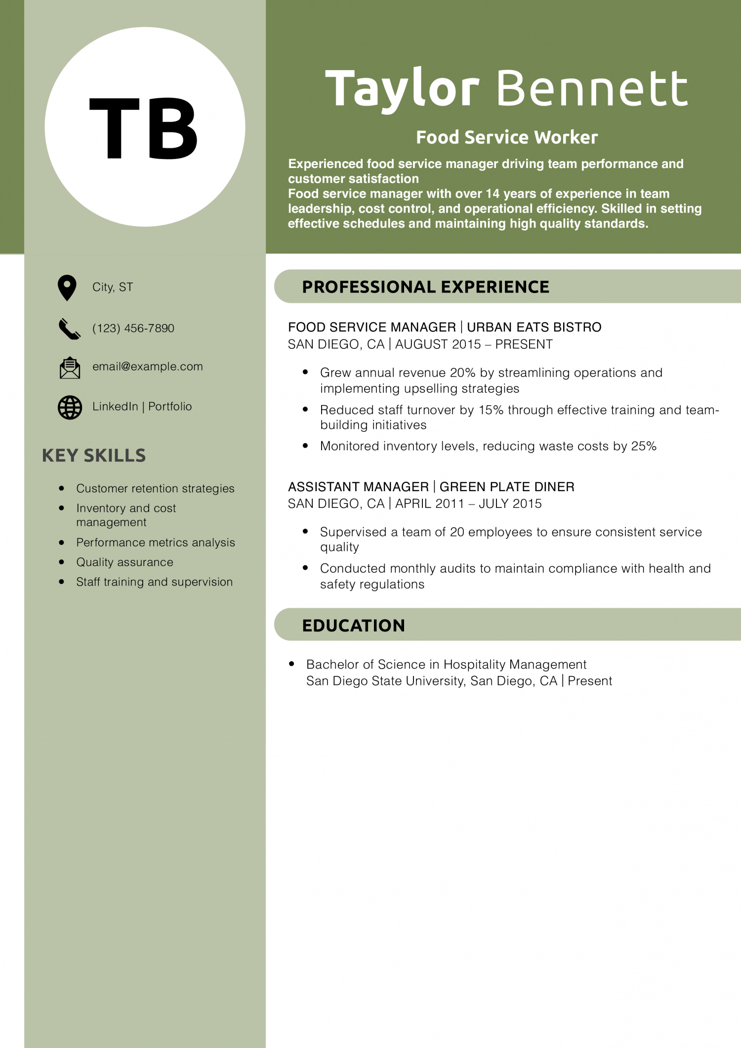 Food Service Manager Resume