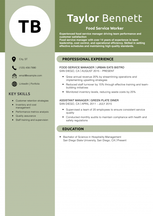 Food Service Manager Resume